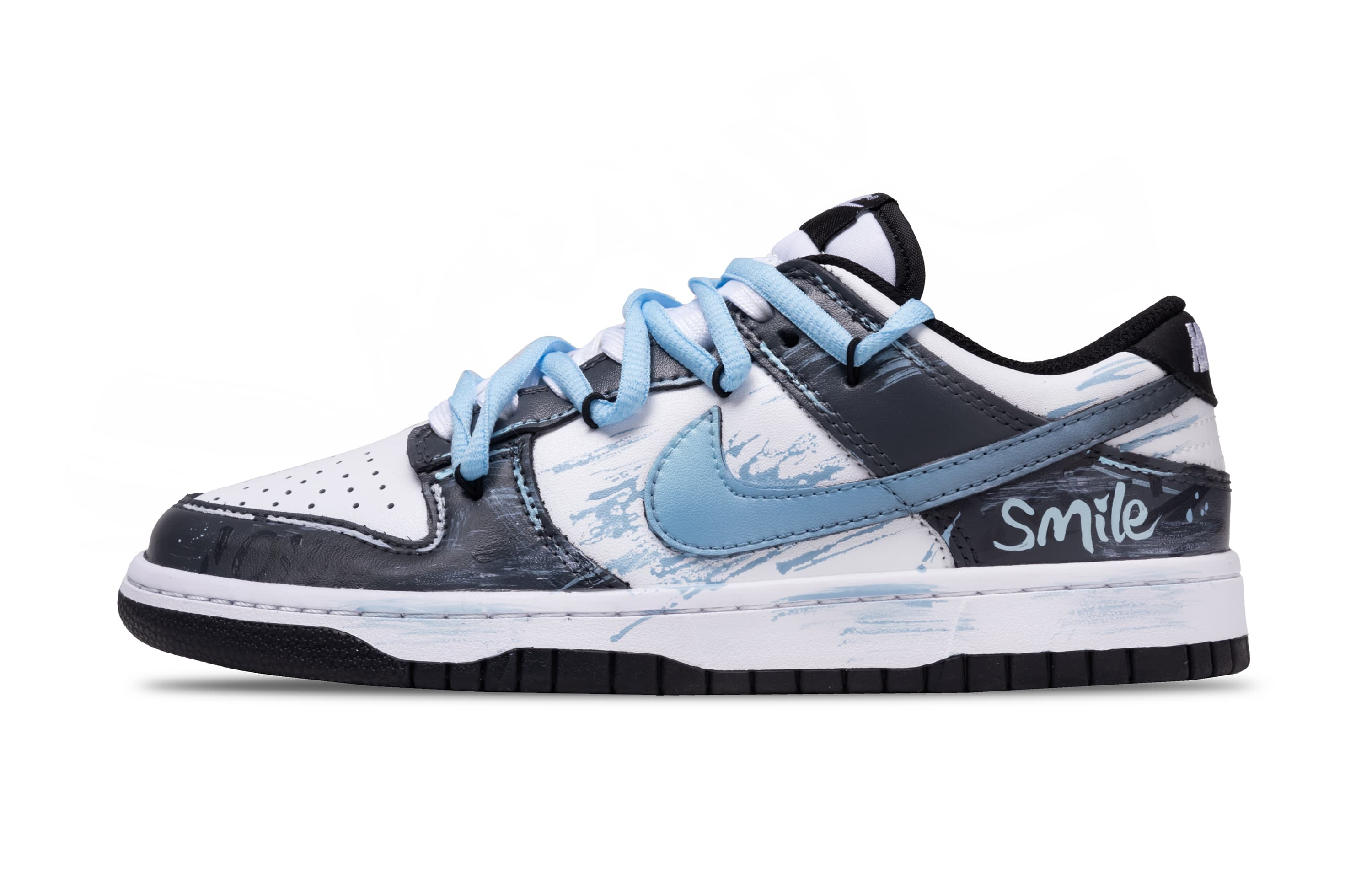 Custom SneakersNike Dunk Smile Fresh Color Block Graffiti Rich Texture Layers Premium Double Laces Gradient Wear-Resistant Low-Top Skate Shoes Unisex Black Blue White