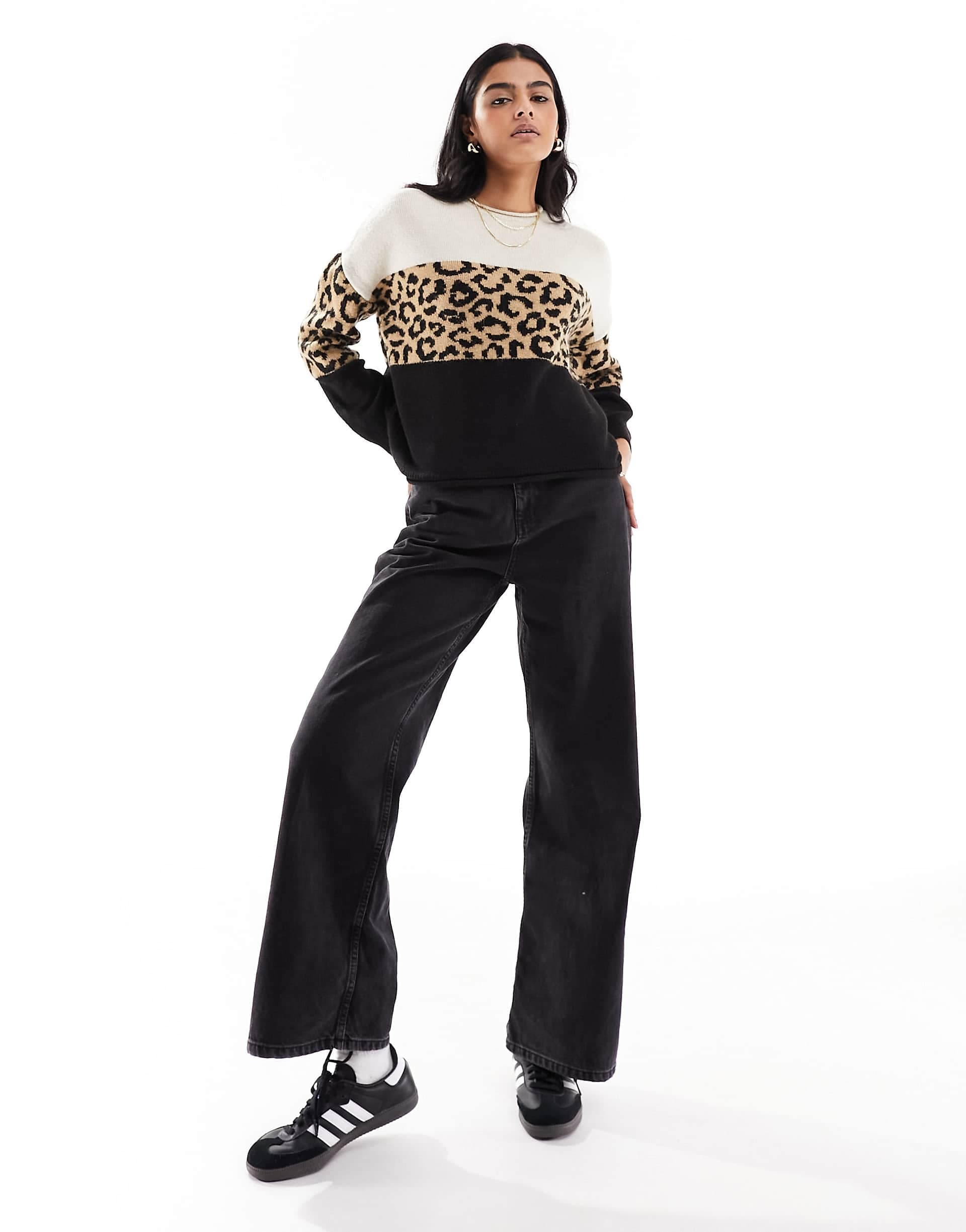 ONLY animal print color block sweater in black & white