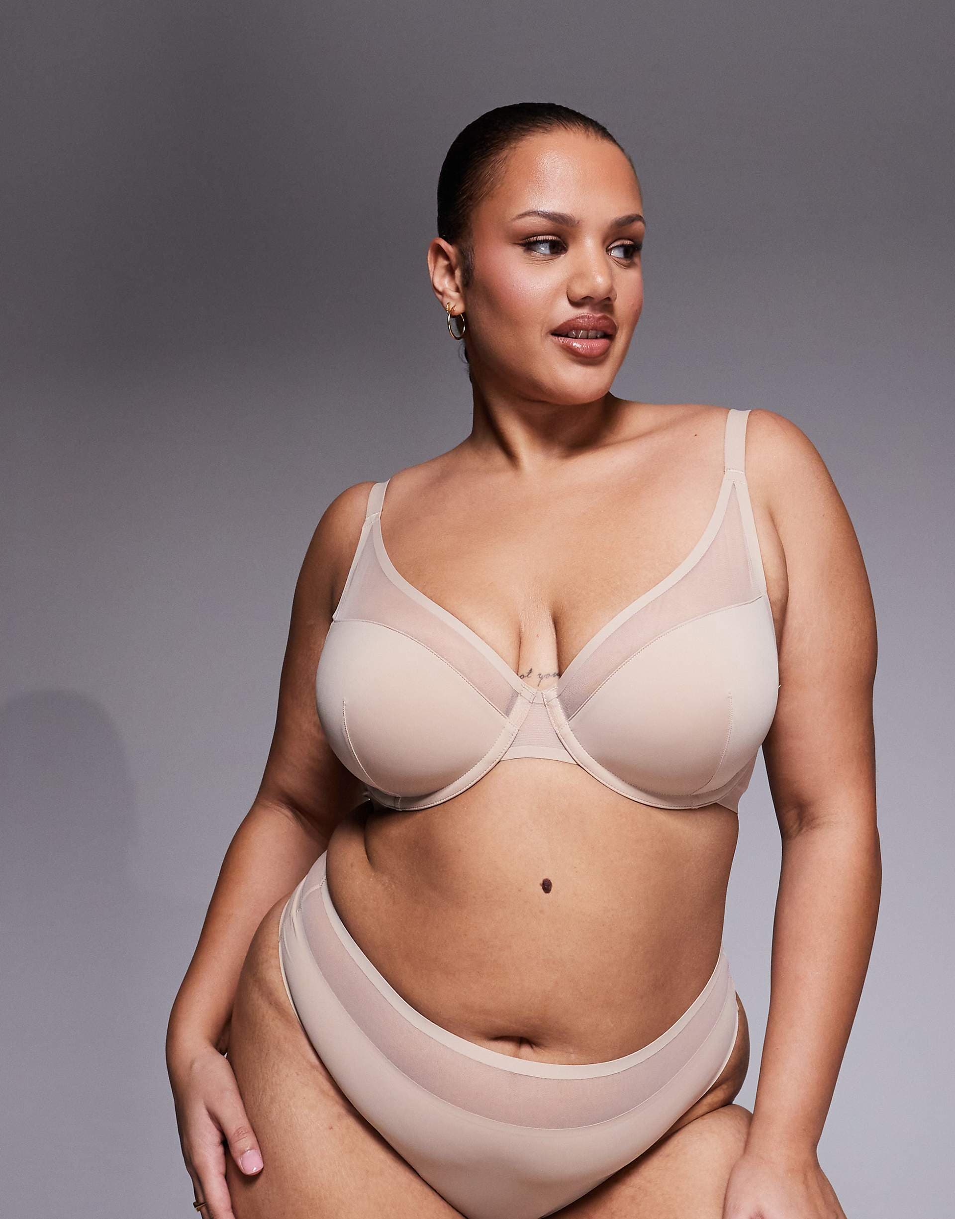 ASOS DESIGN Curve Ella molded microfiber demi pad underwire bra with mesh detail in beige