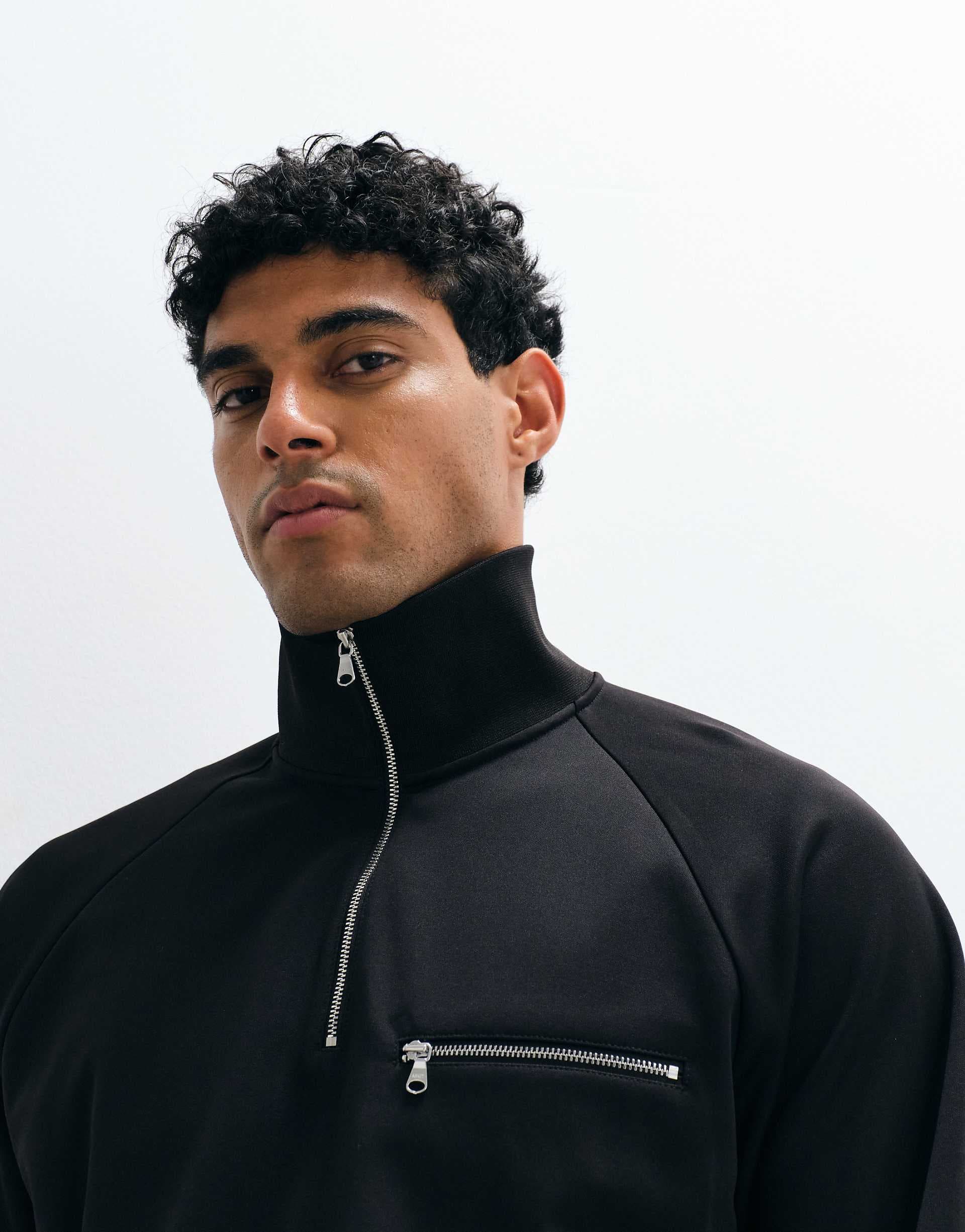 ARKET cotton rich half zip funnel neck sweatshirt in black