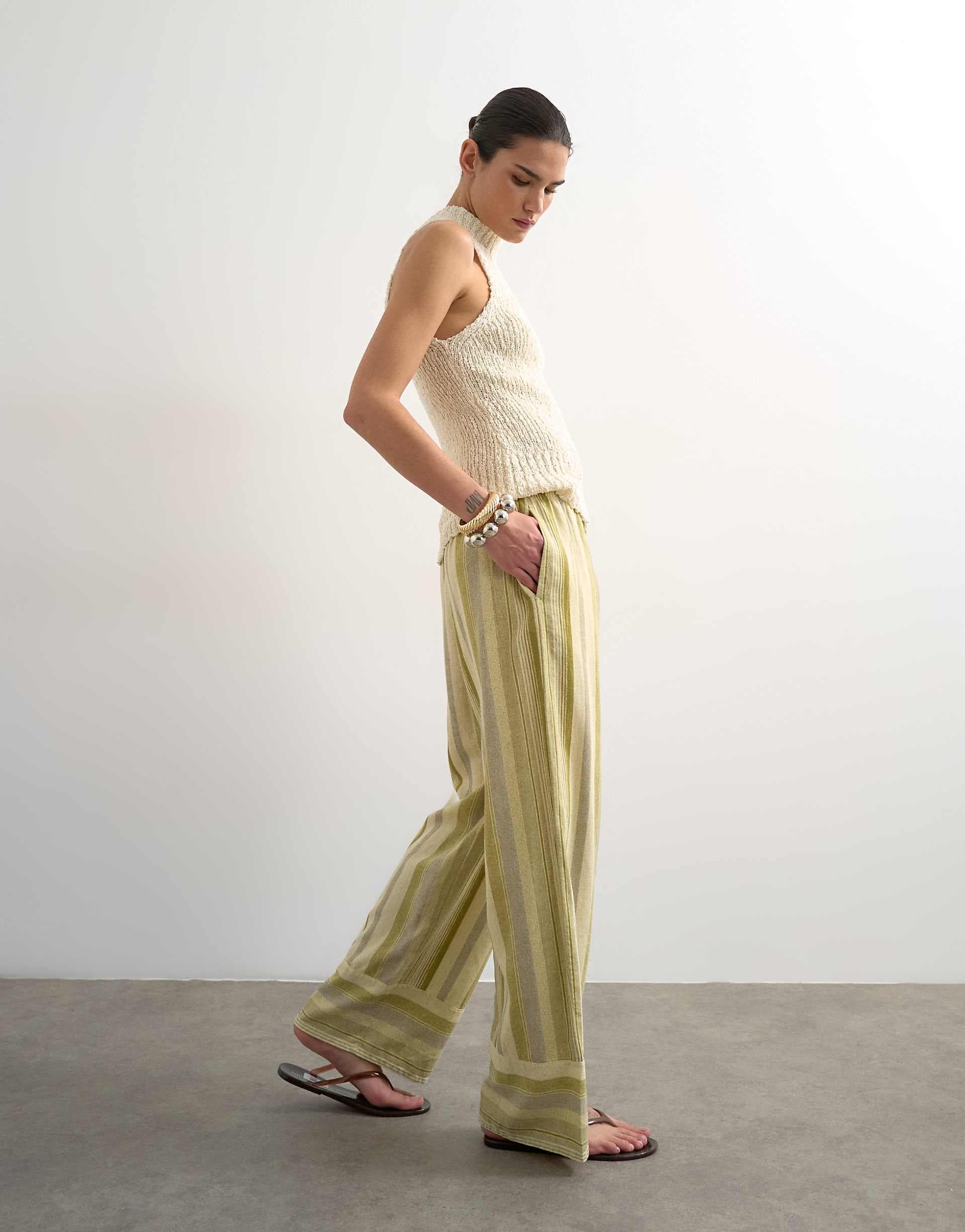 Topshop linen blend multi striped straight leg pants in green