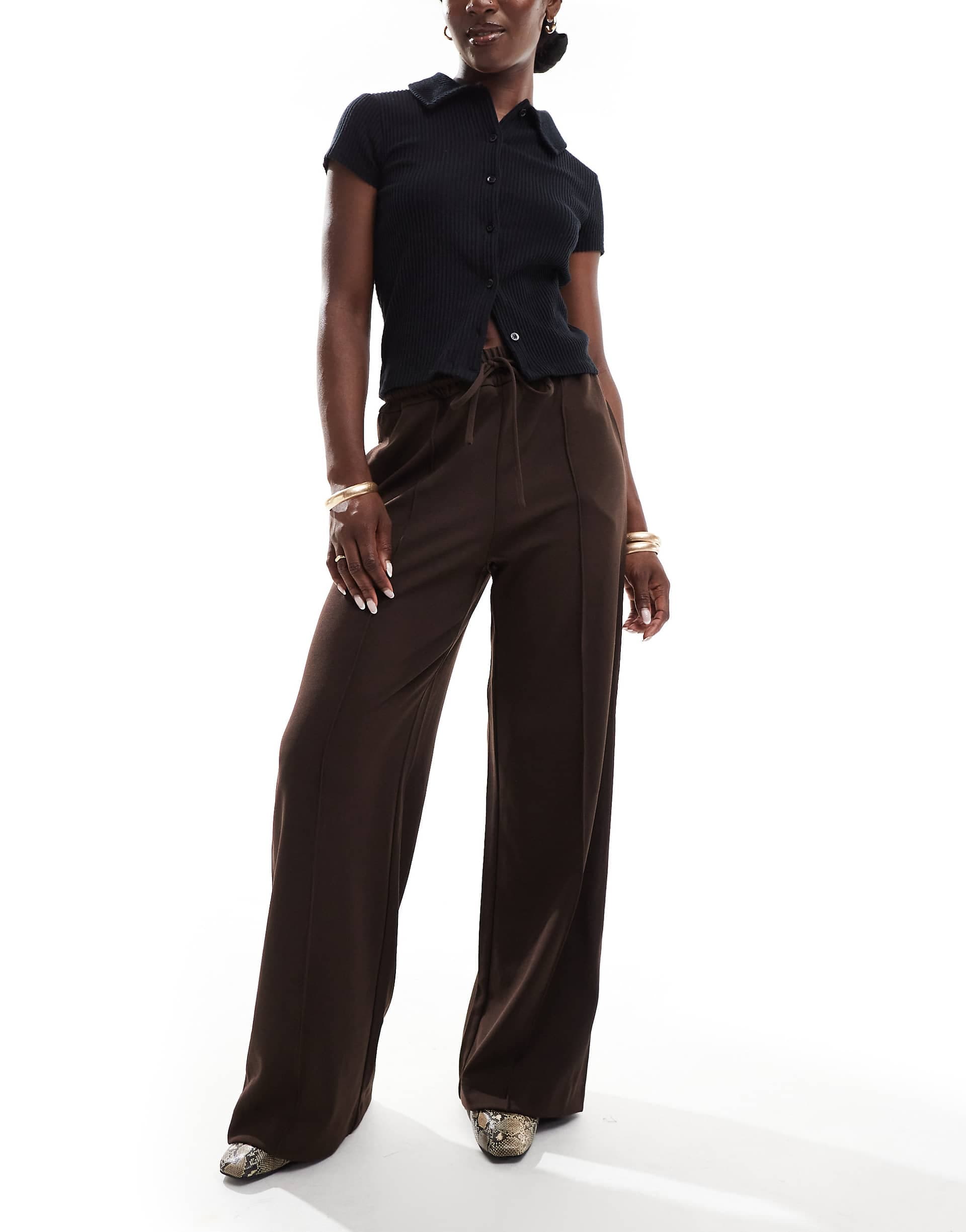 Vila pintuck wide leg pants in chocolate brown