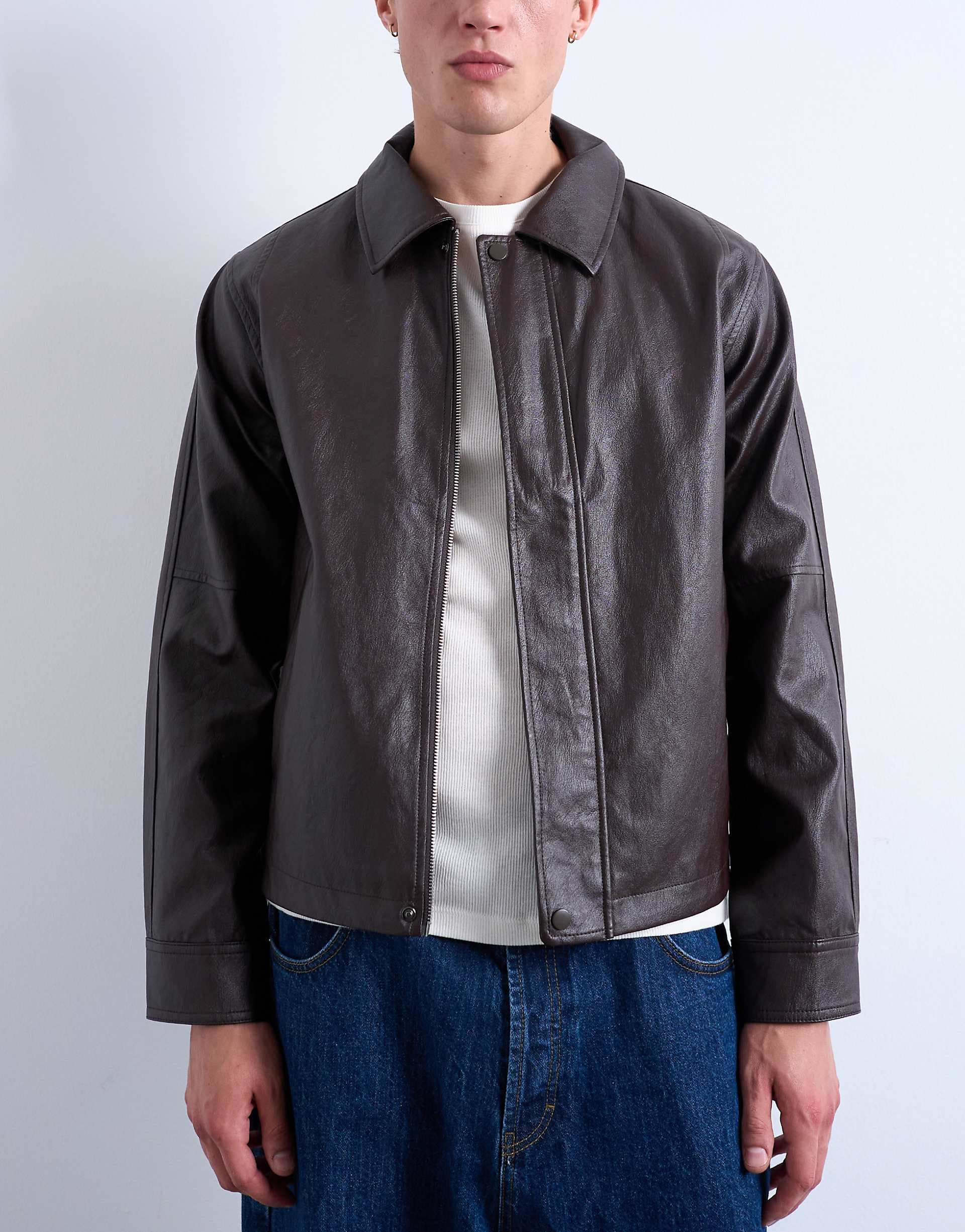 Topman faux leather dressy jacket in burgundy