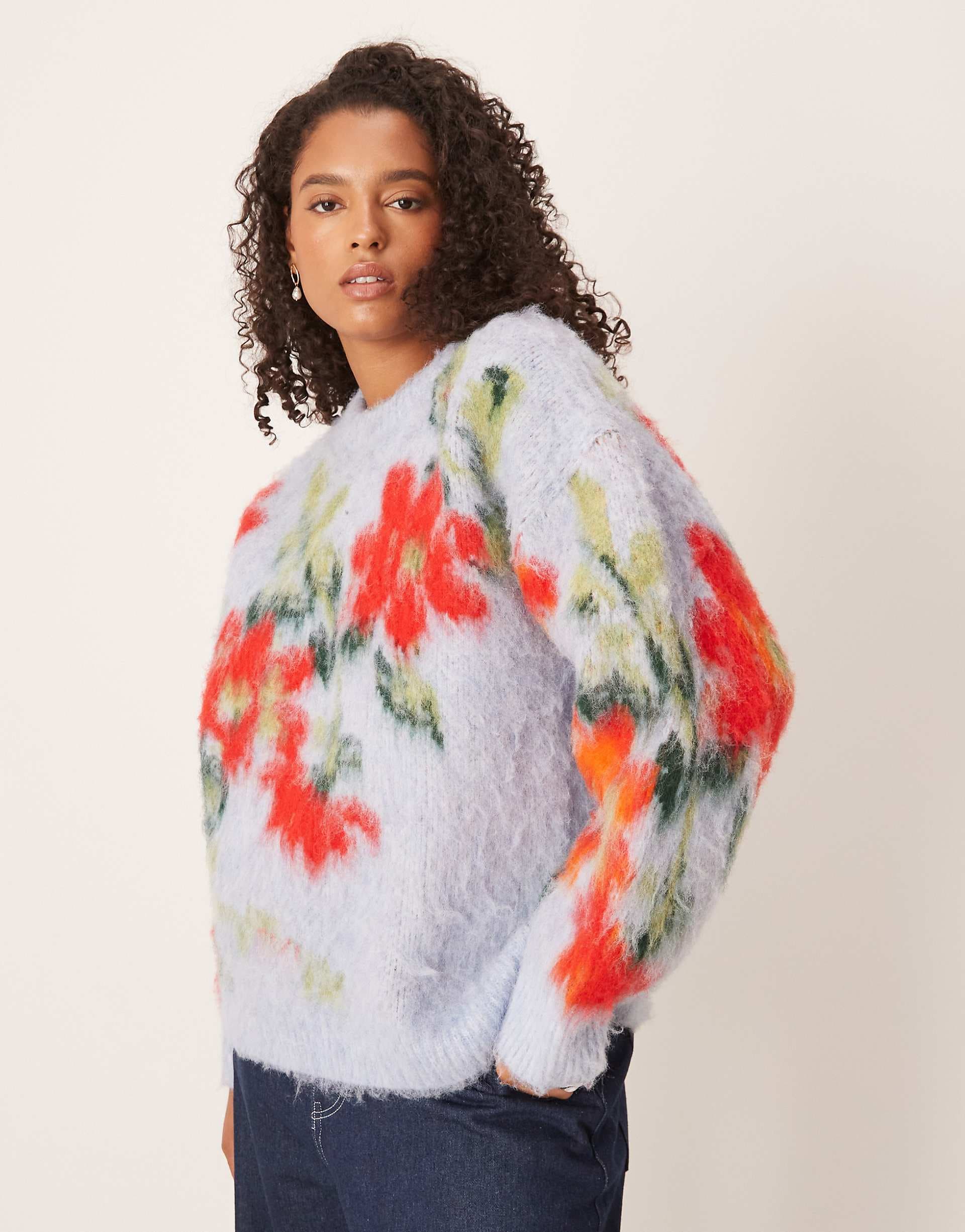 ASOS DESIGN Curve blurred floral relaxed sweater in blue