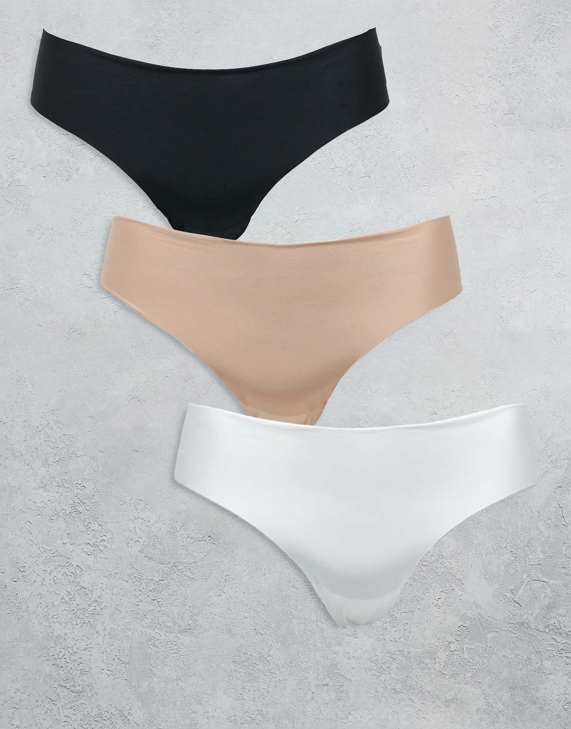 ASOS DESIGN Curve 3 pack no VPL & lace thong in black, white & beige