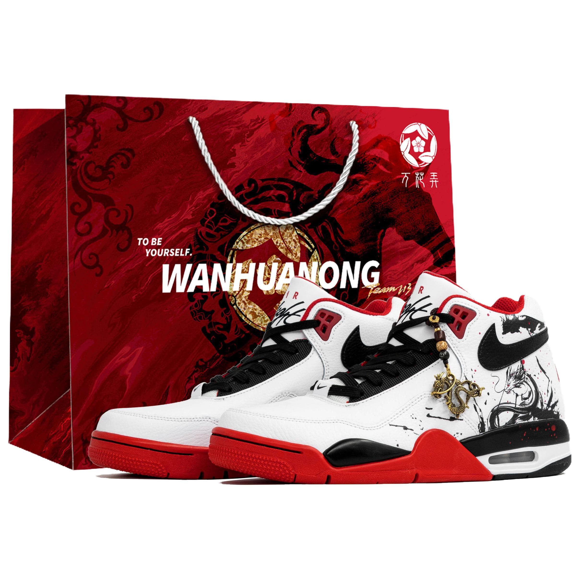 Custom Nike Flight Legacy 'Kaleidoscope Play' Broken Abyss Gift Bag Fashion Trendy Splatter Chinese Style Dragon Pendant Versatile Wear-Resistant Mid-Top Retro Basketball Shoes Unisex Red Black White