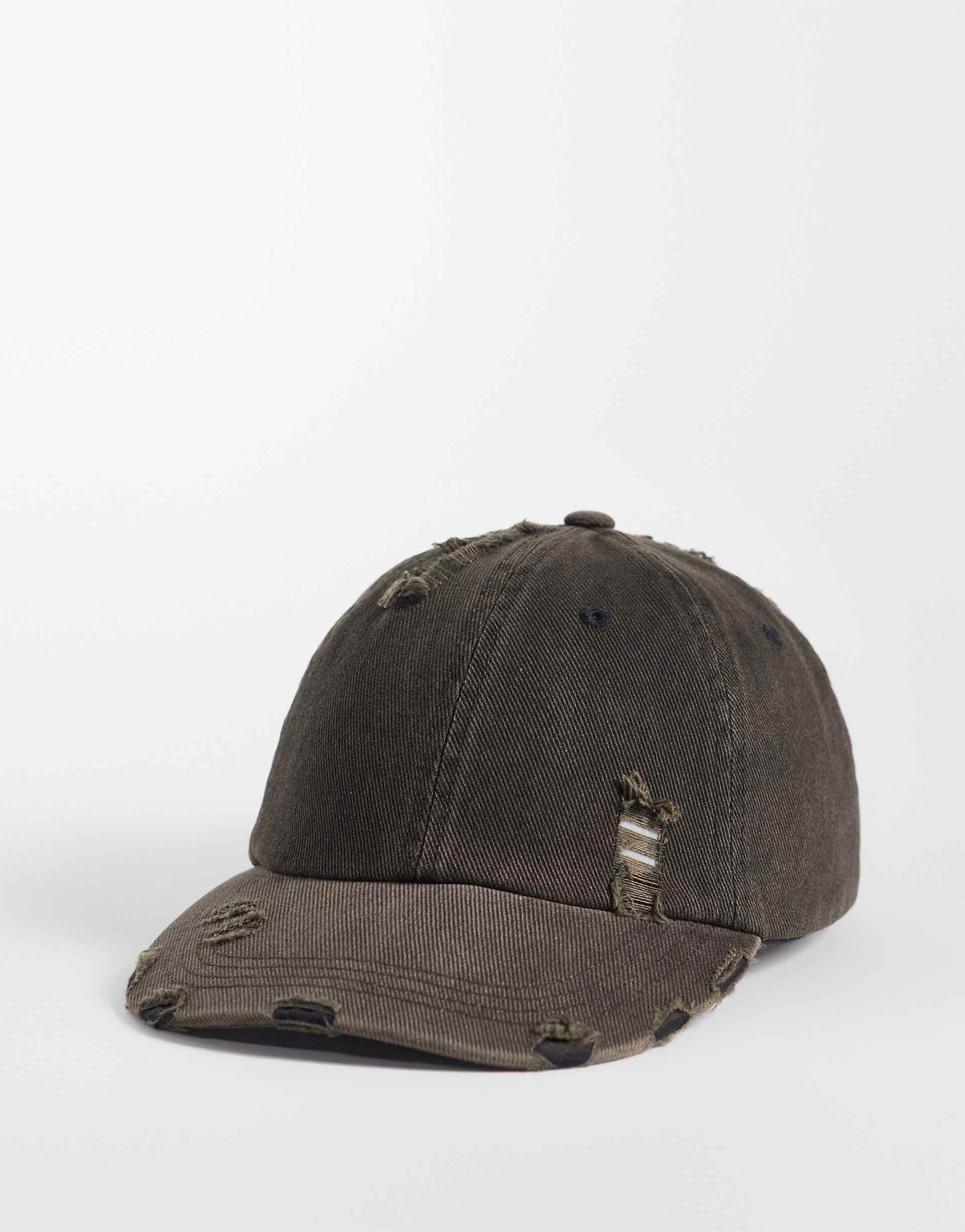 ASOS DESIGN distressed denim cap in washed brown