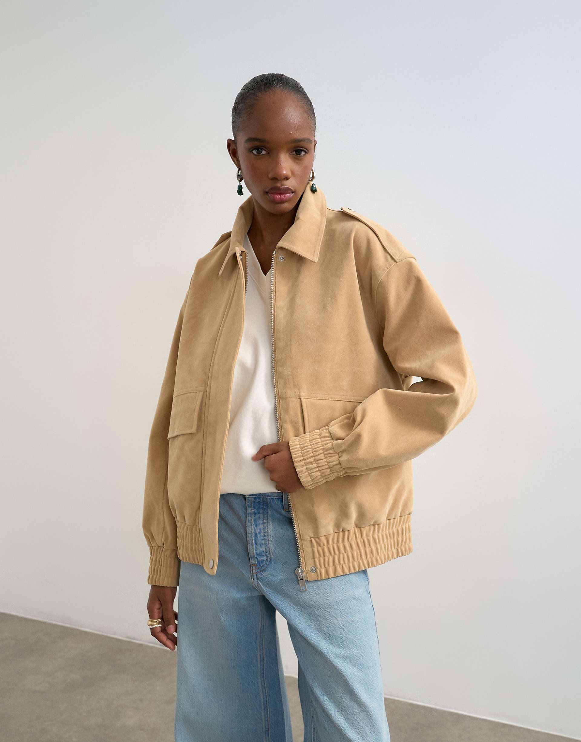 Topshop faux suede oversized bomber jacket in stone