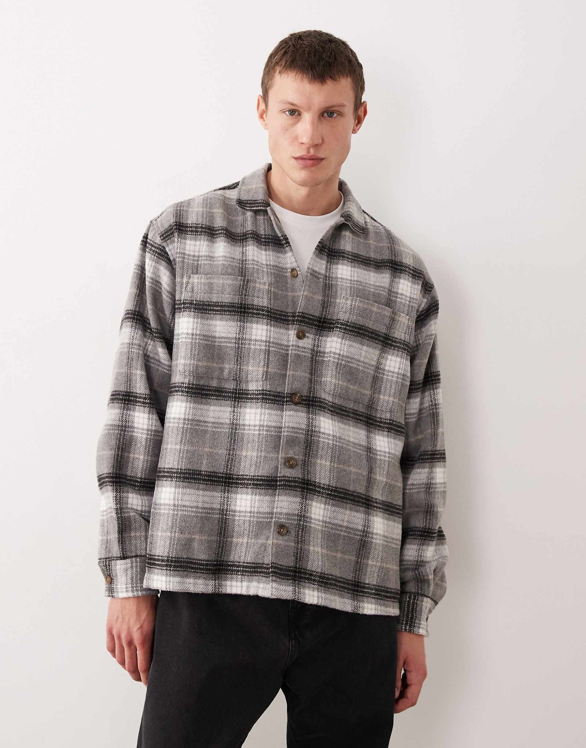 ASOS DESIGN boxy oversized heavyweight plaid shirt in gray