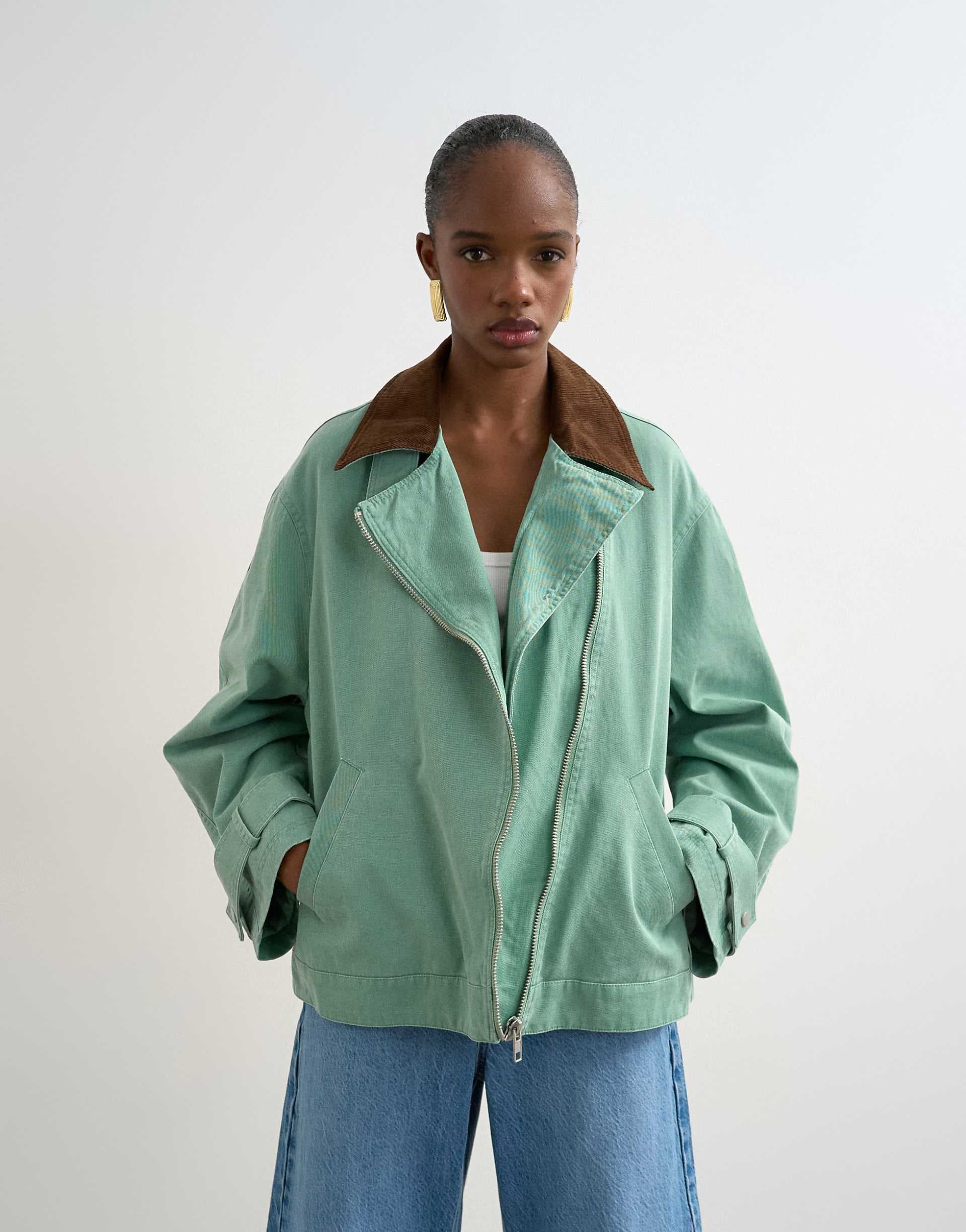 Topshop washed zip front jacket with contrast corduroy collar in turquoise