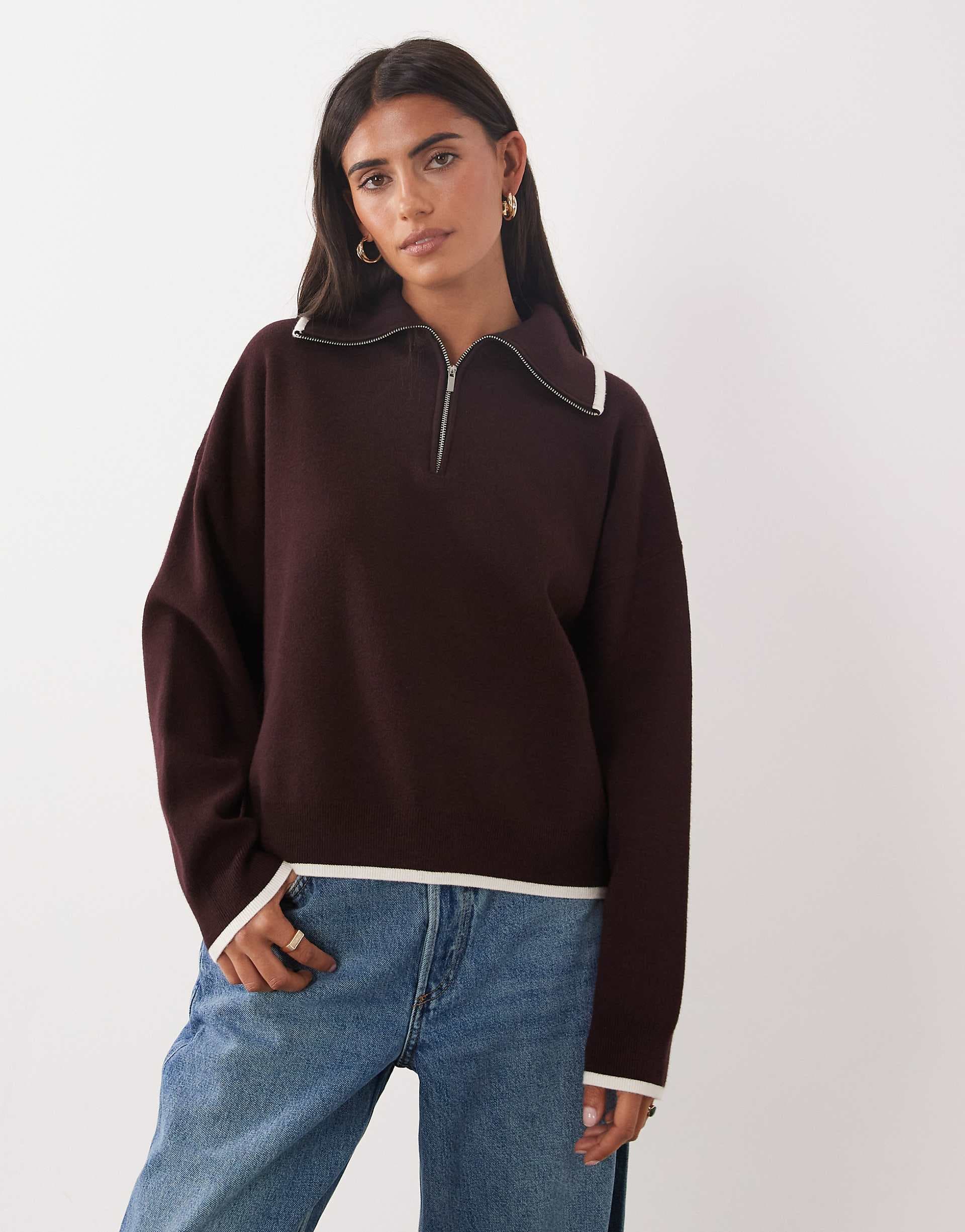 Mango quarter zip knit sweater in burgundy