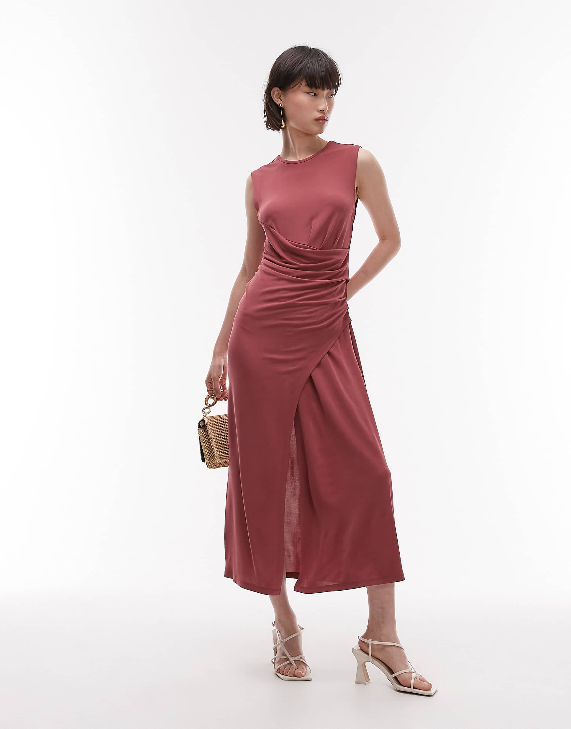 & Other Stories jersey midaxi dress with drape detail and asymmetric wrap front in pomegranate berry red