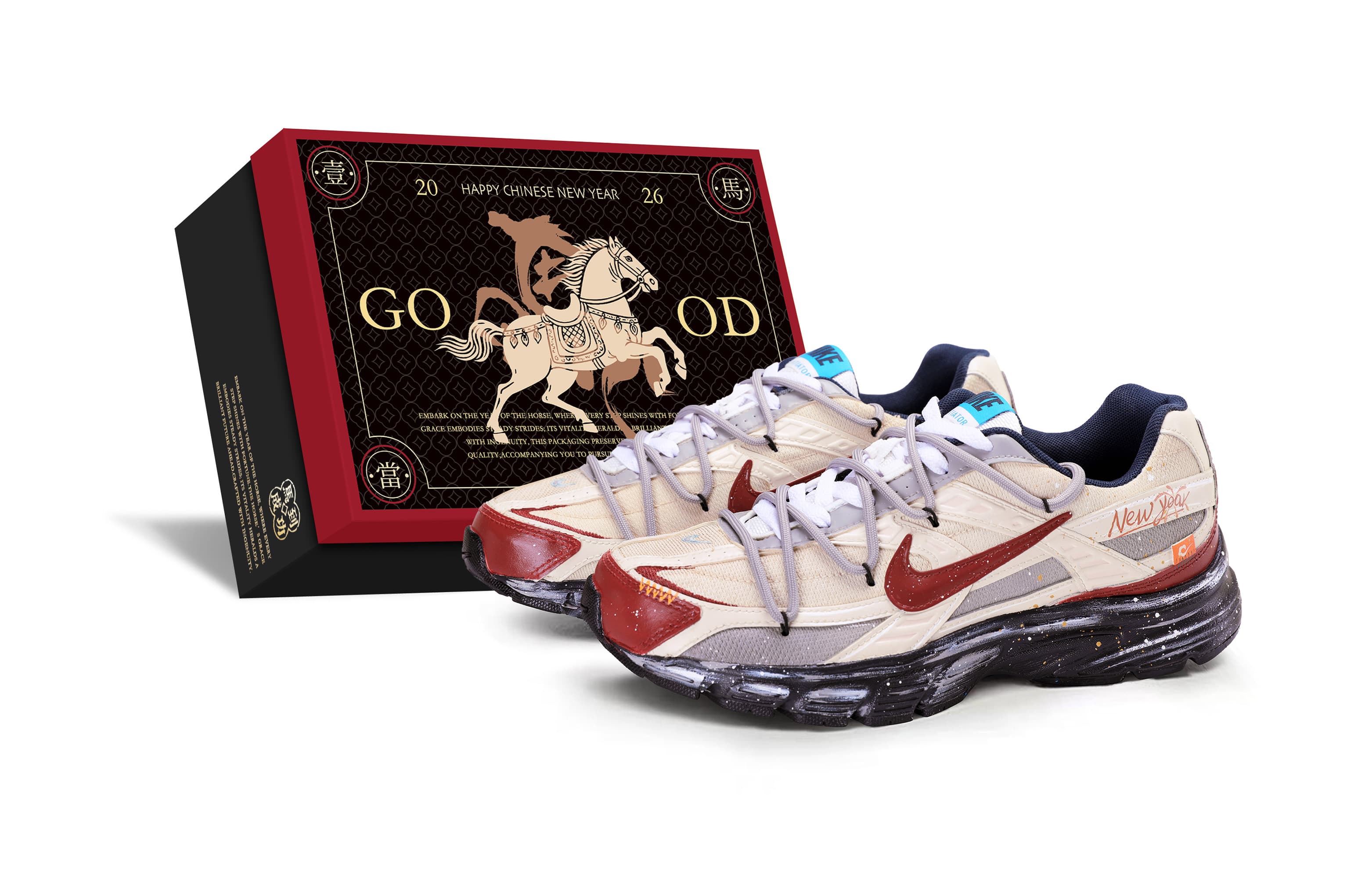 Custom SneakersNike Initiator Year of the Horse Fortune Gift Box CNY New Year Chinese New Year Color-Block Workwear Classic Versatile Low-Top Casual Running Shoes Men's Beige Red