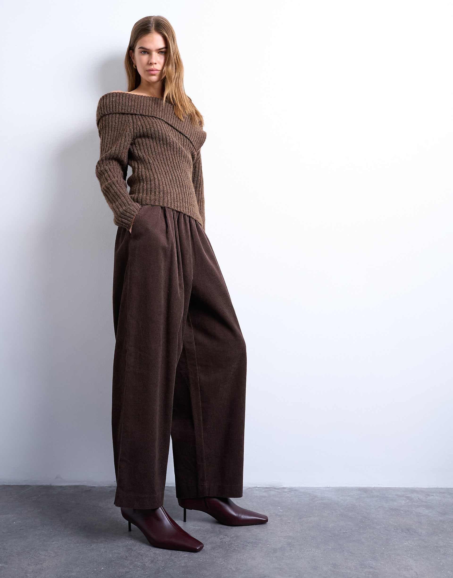 Topshop corduroy wide leg awkward length pants in brown