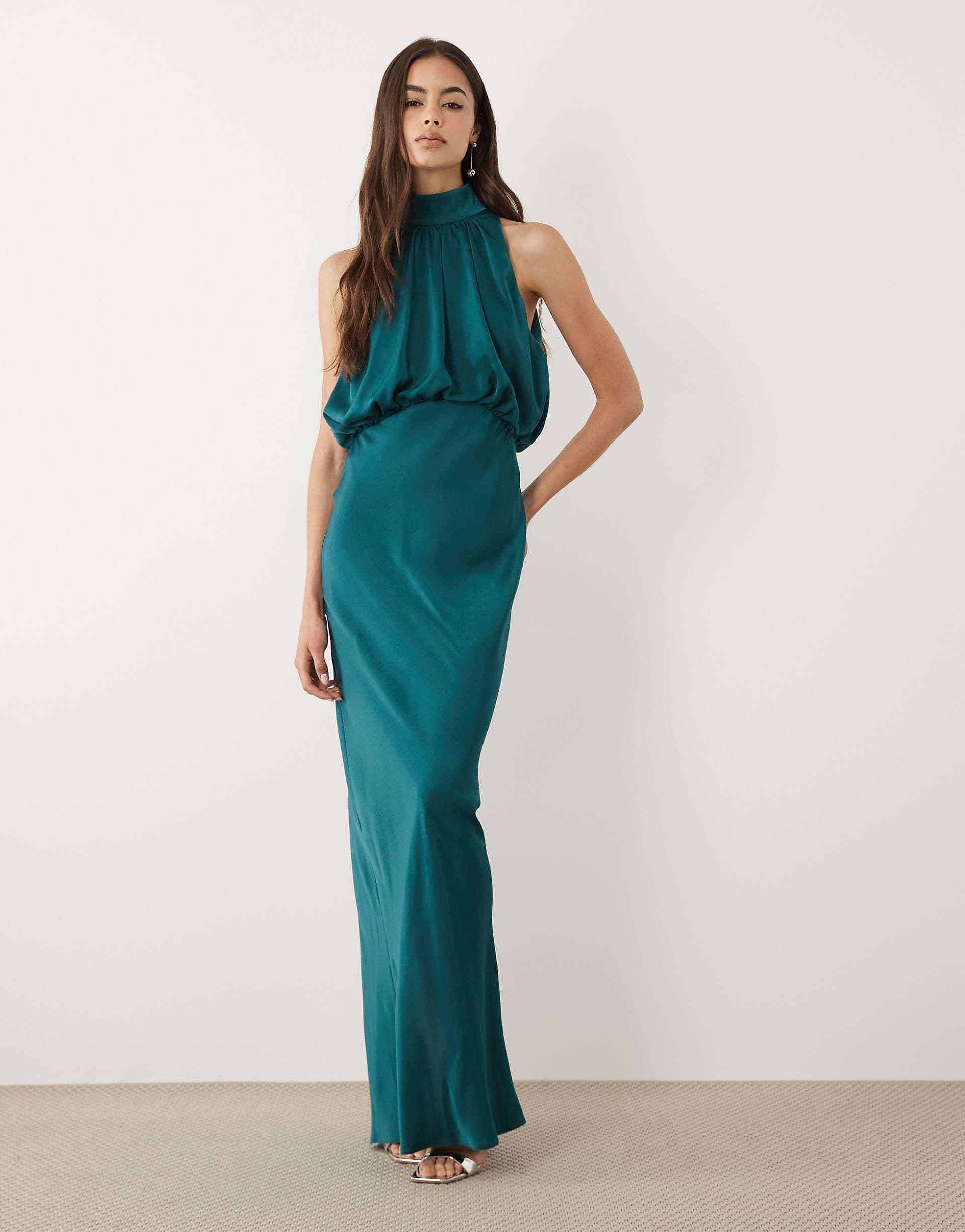 ASOS DESIGN Tall halterneck blouson satin maxi dress in teal