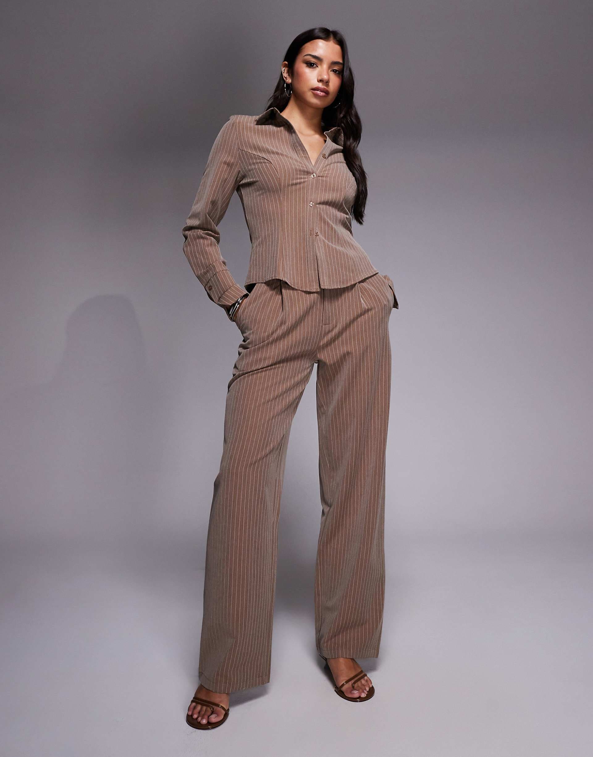 Kaiia Exclusive straight leg tailored pants in beige pinstripe - part of a set