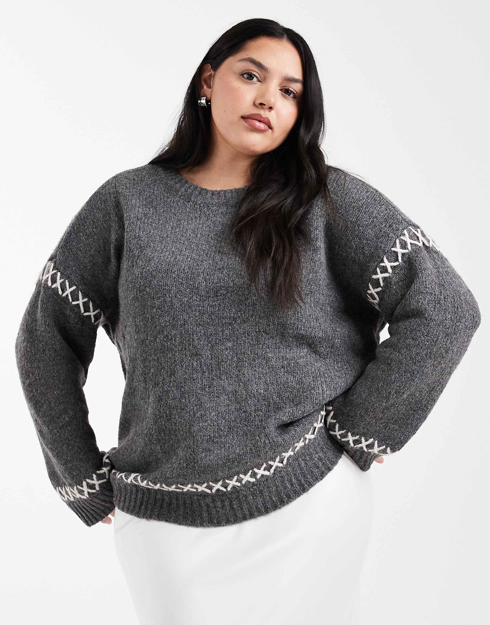 ONLY Curve contrast stitch details sweater in dark gray