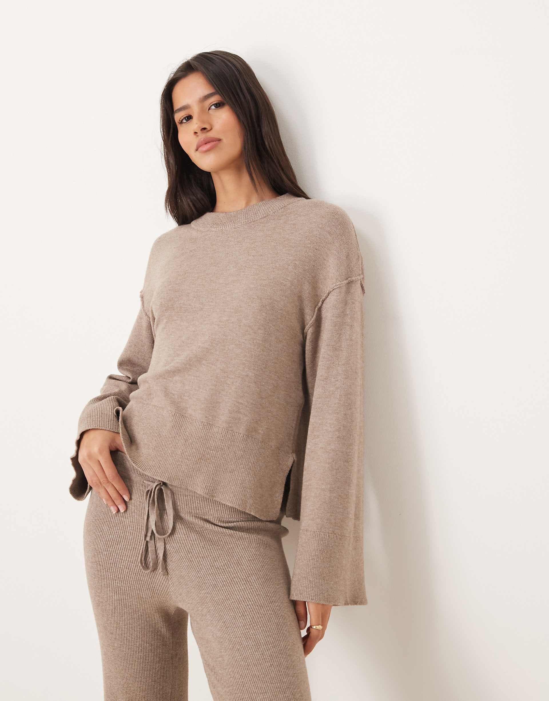 Gina Tricot long sleeve crew neck fine knit sweater in brown melange - part of a set
