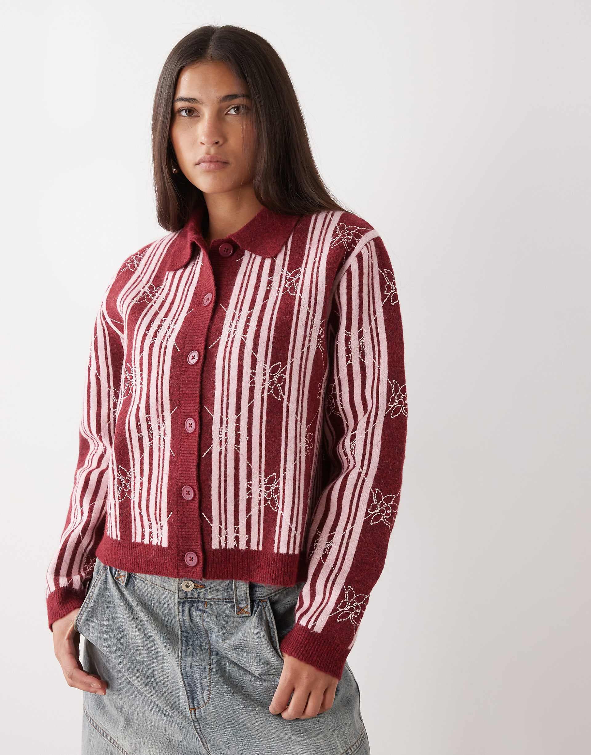 Reclaimed Vintage knit polo cardigan in pink and burgundy stripe with floral embroidered stitching