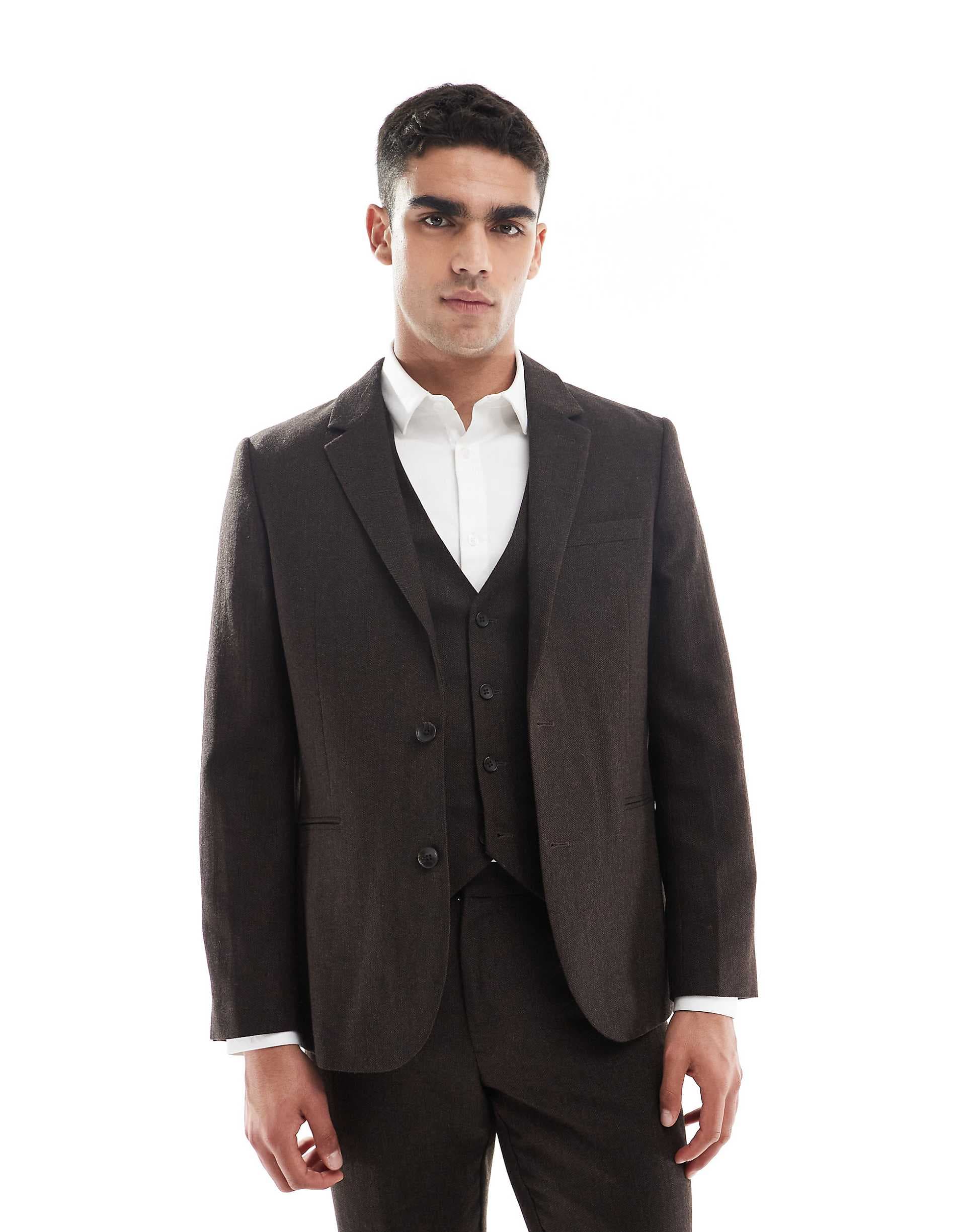 ASOS DESIGN wool rich slim suit jacket in brown herringbone