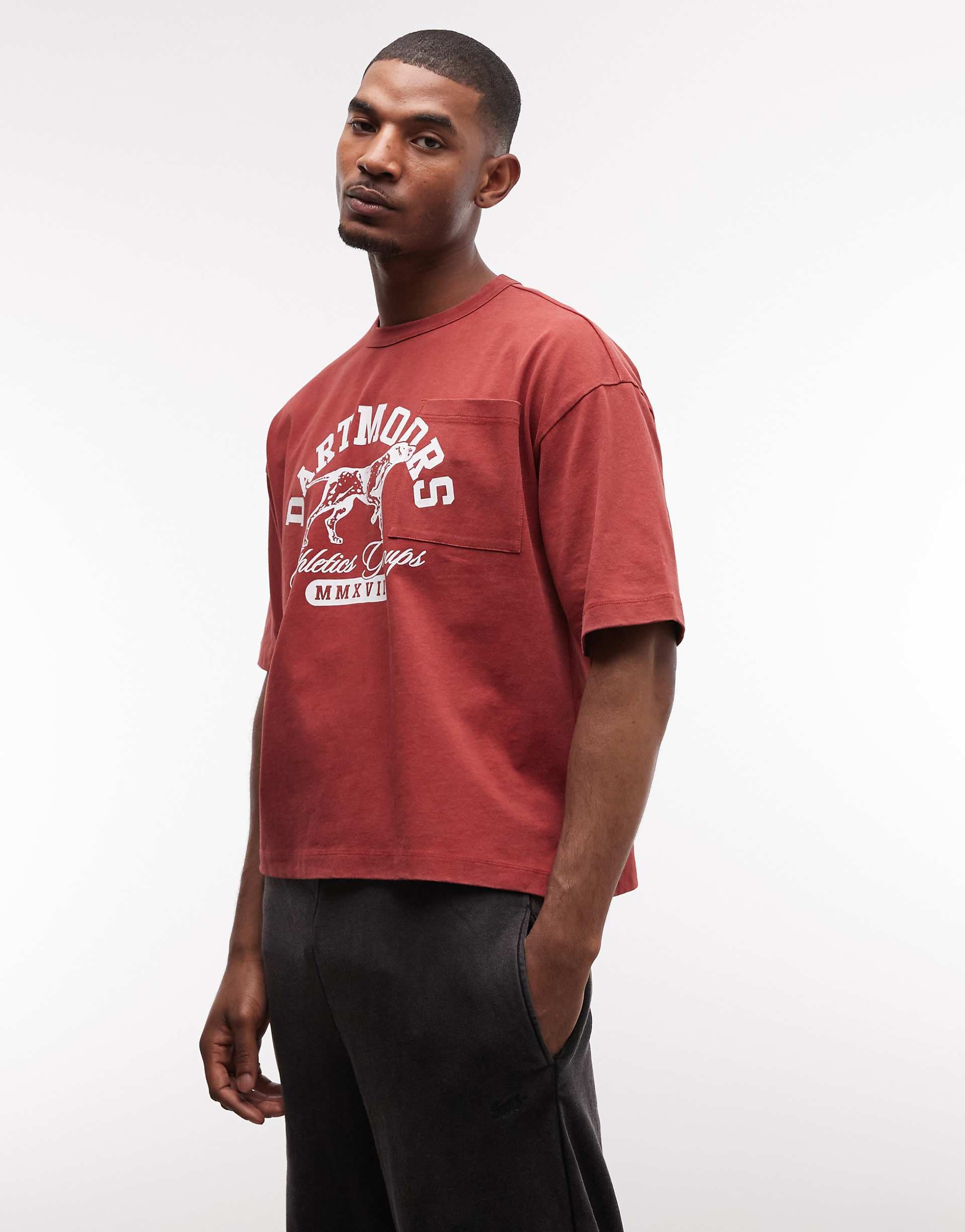 ASOS DESIGN heavyweight boxy oversized T-shirt with dog graphic in red wash
