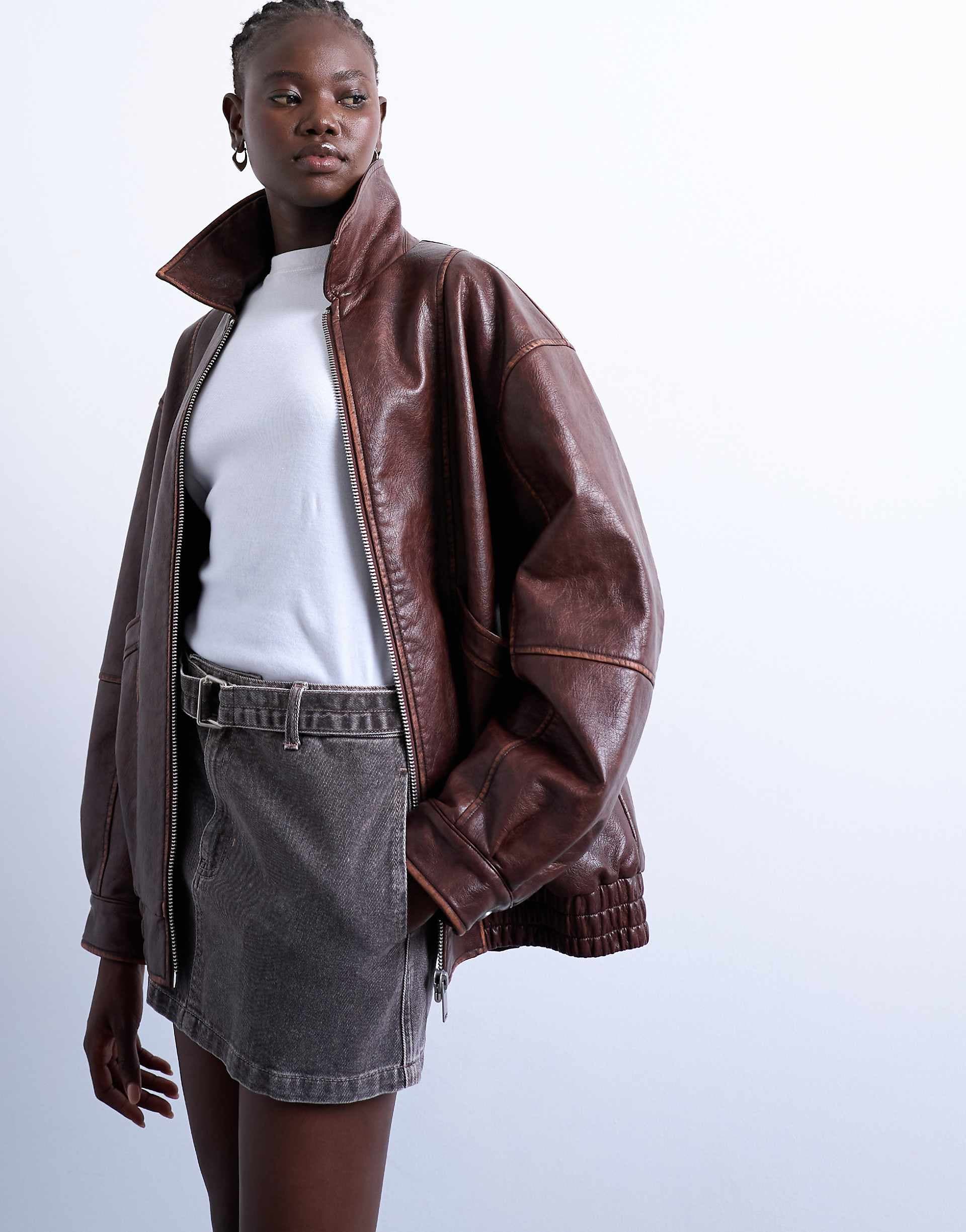 Topshop super oversized faux leather contrast heavy wash bomber jacket in brown