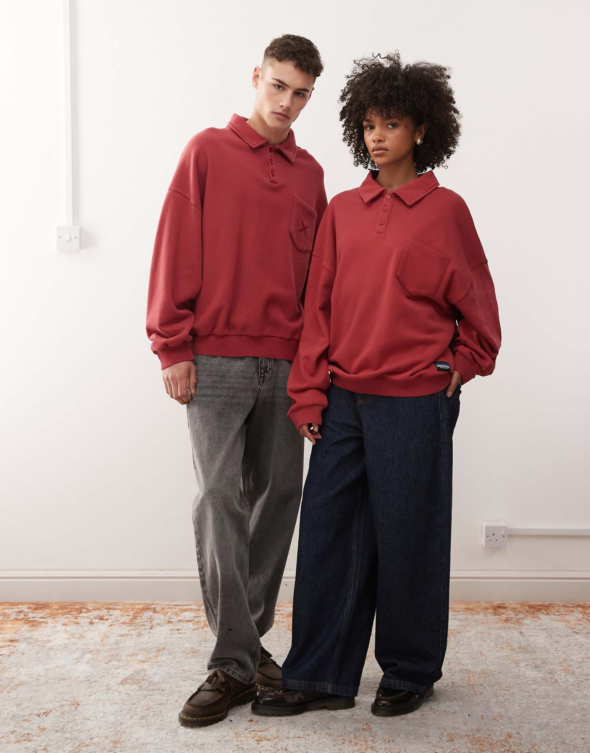 COLLUSION Unisex boxy polo sweatshirt in red with wash
