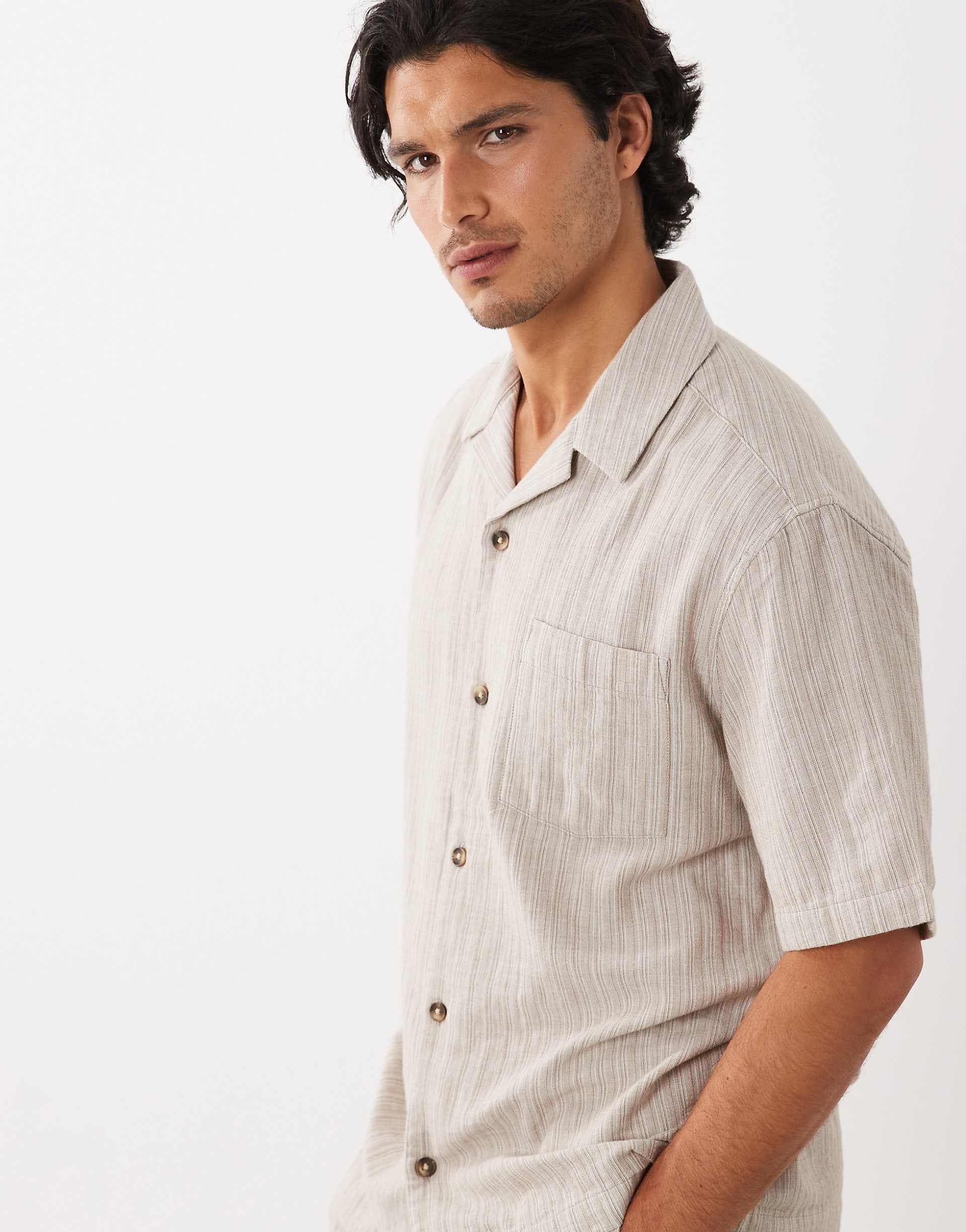 ASOS DESIGN revere stripe overshirt with patch pocket in beige