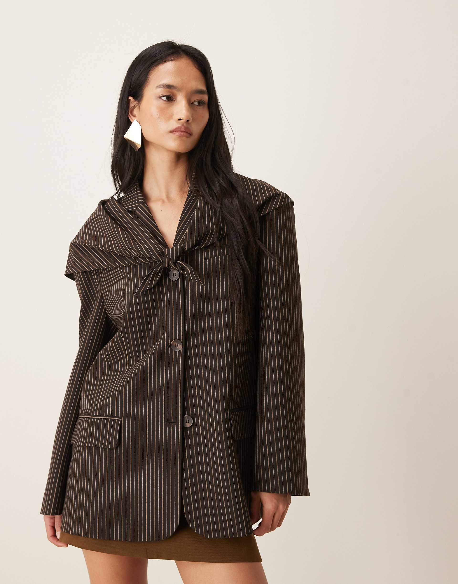 ASOS DESIGN scarf detail blazer in brown pinstripes