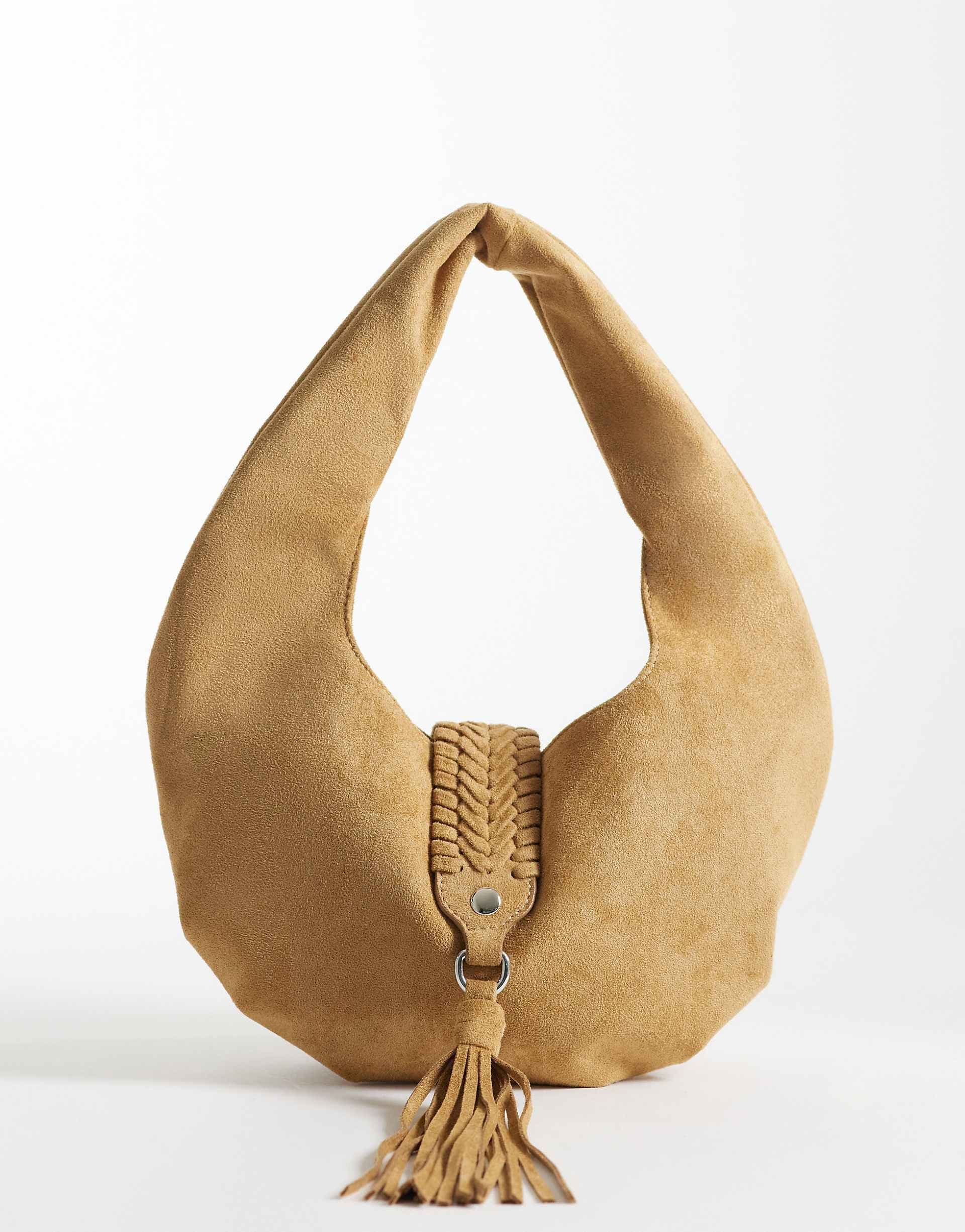 ASOS DESIGN woven handle faux suede shoulder bag in tan