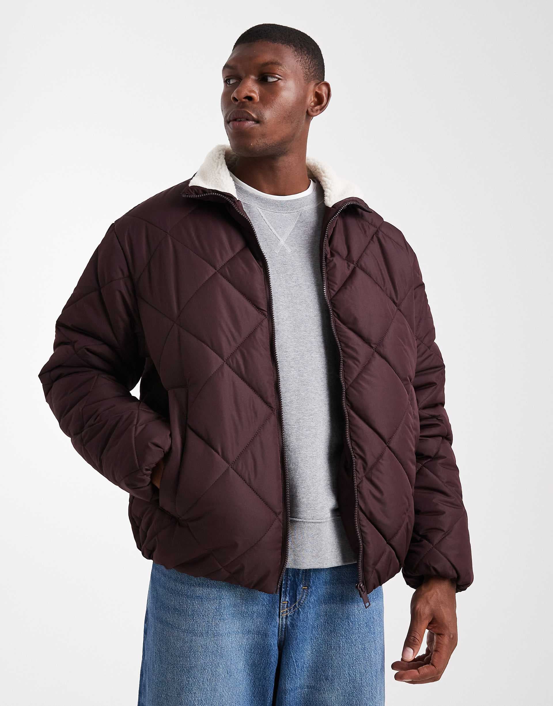 Brave Soul padded short jacket with borg collar in burgundy