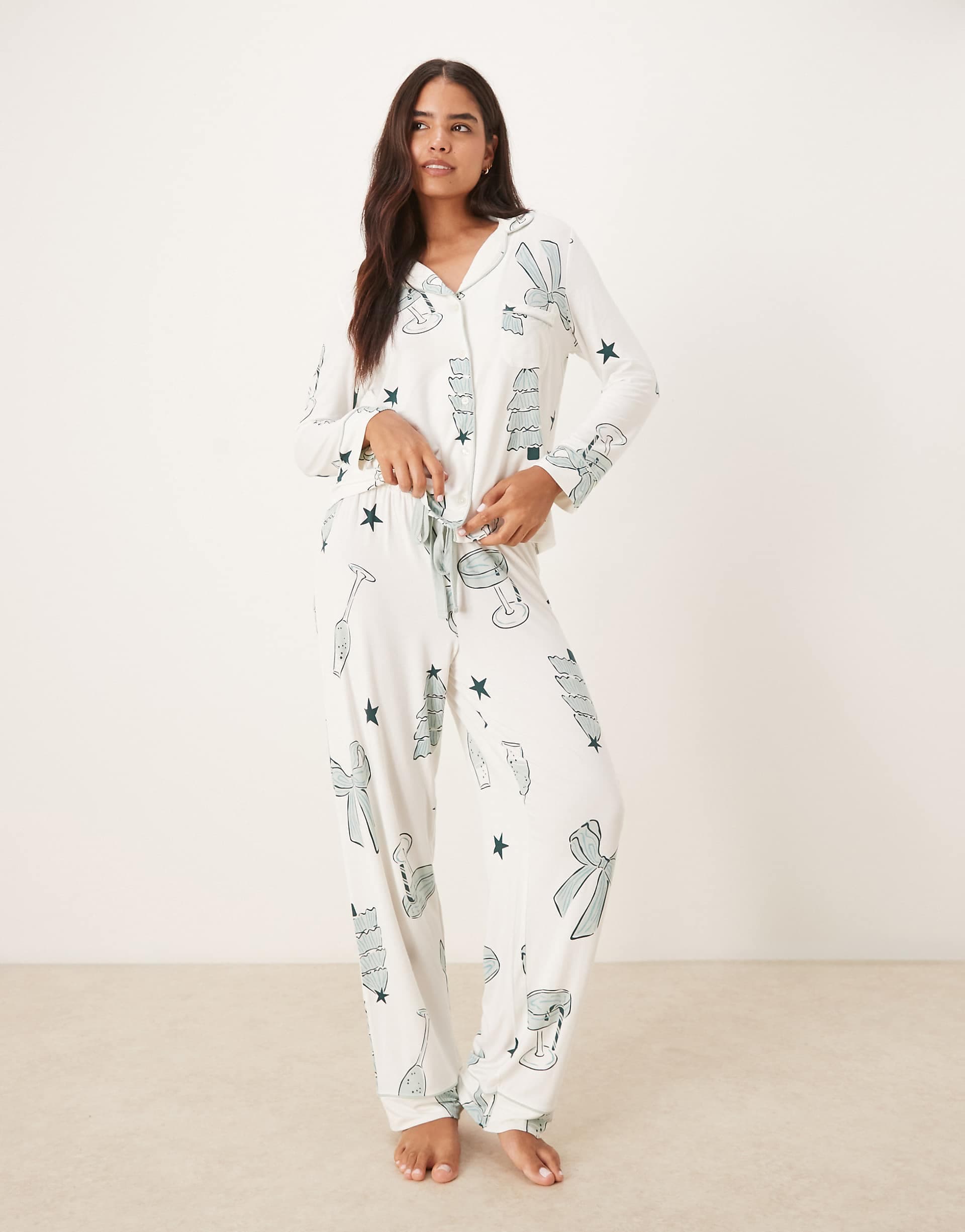 ASOS DESIGN super soft long sleeve shirt & pants pajama set with contrast piping in Christmas drinks print