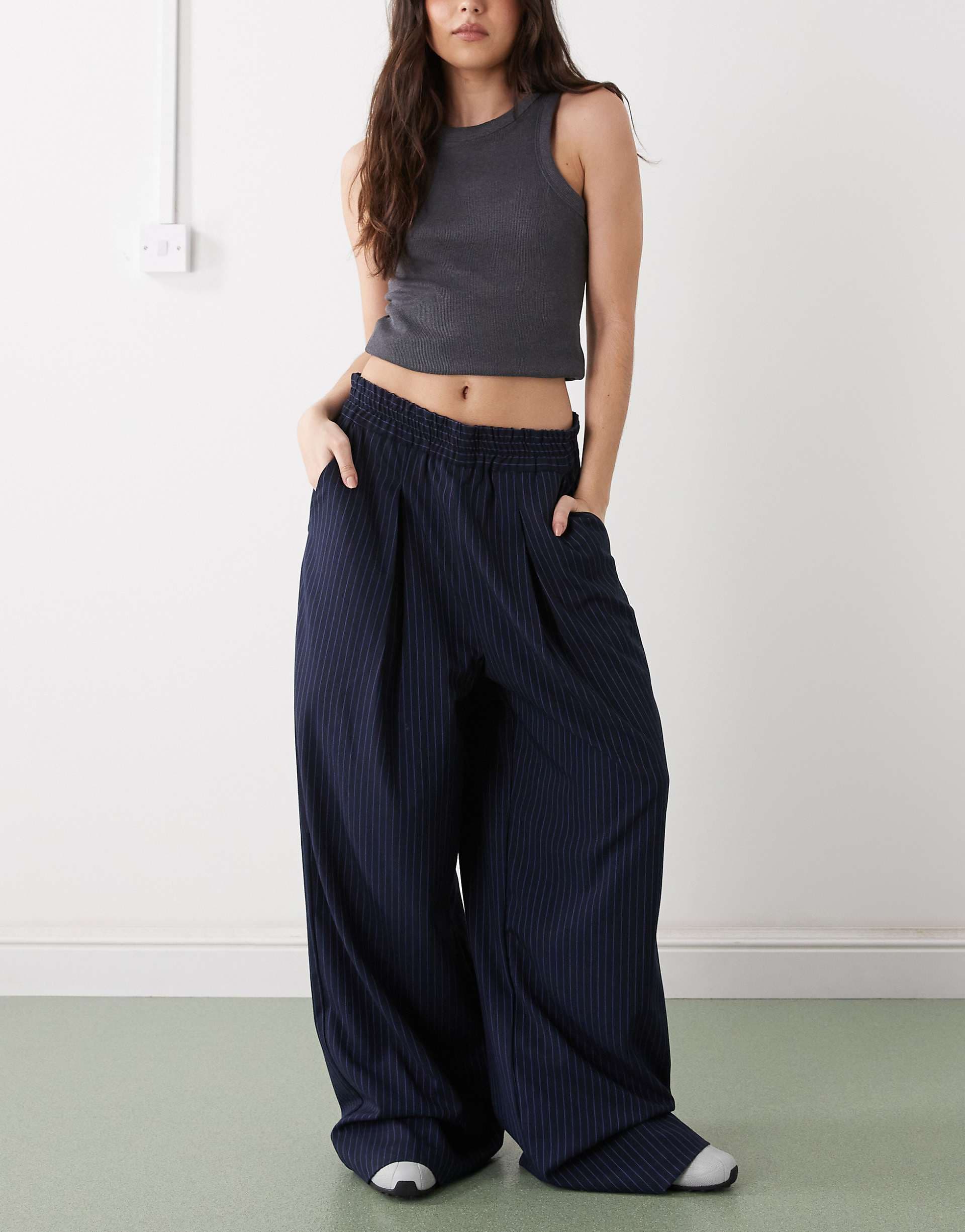 COLLUSION pull on pants in navy pinstripes