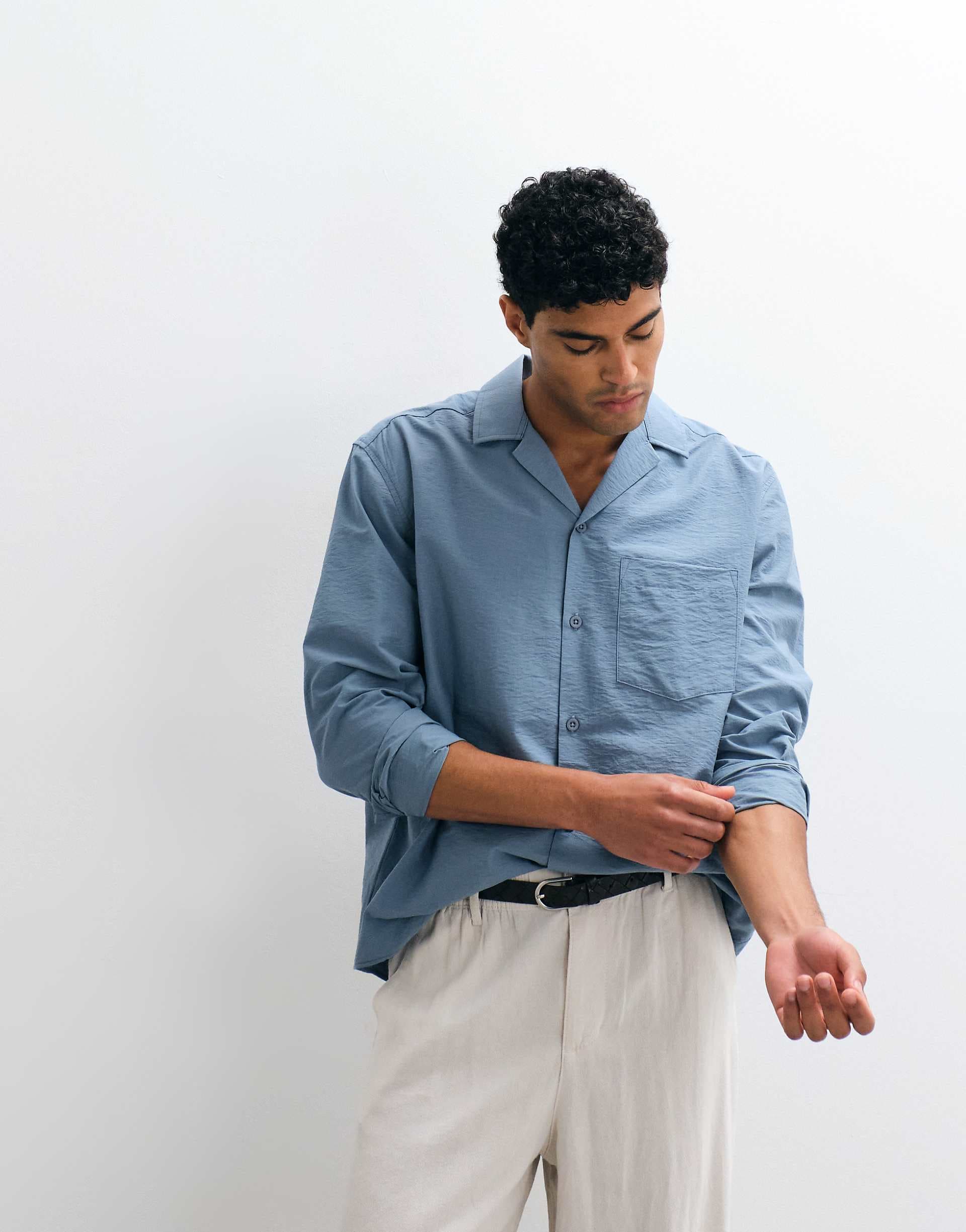 ASOS DESIGN relaxed camp collar flowing shirt in blue