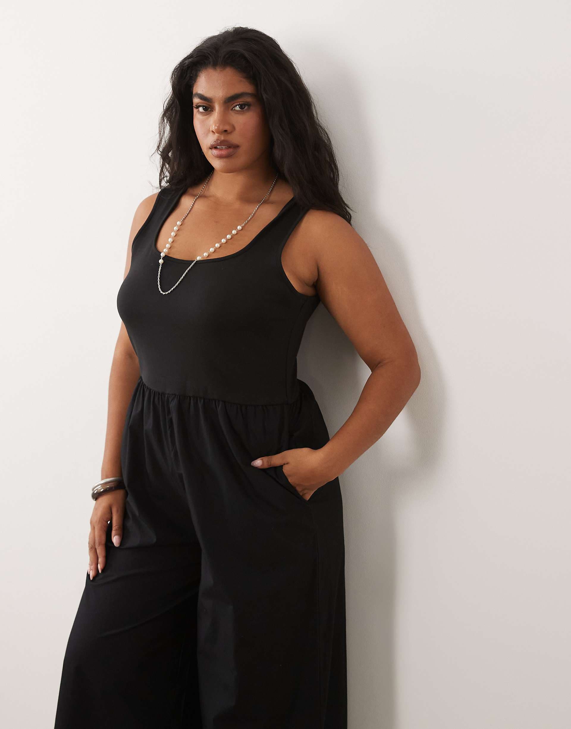 Nobody's Child Plus cotton rich strappy square neck wide leg jumpsuit in black
