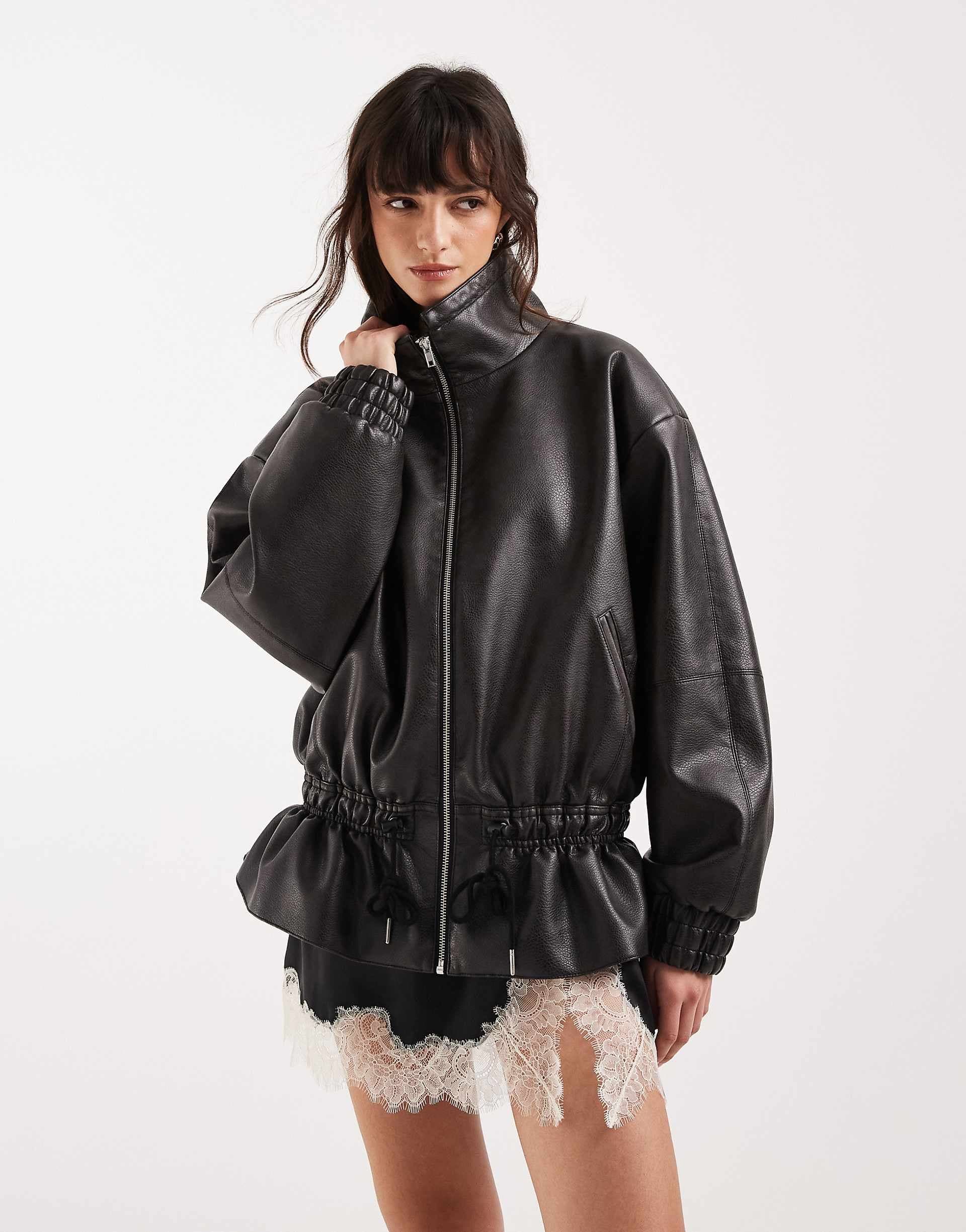 Topshop toggle waist leather look funnel zip up jacket in black