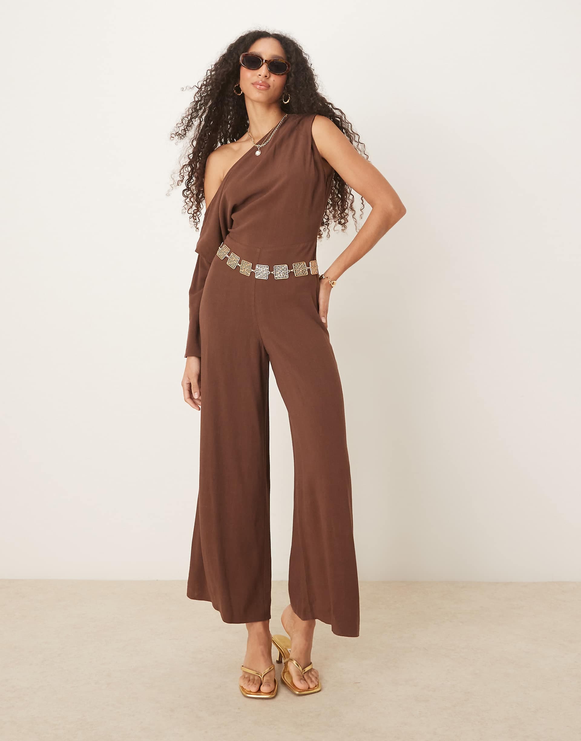ASOS DESIGN linen mix fallen shoulder jumpsuit in chocolate brown