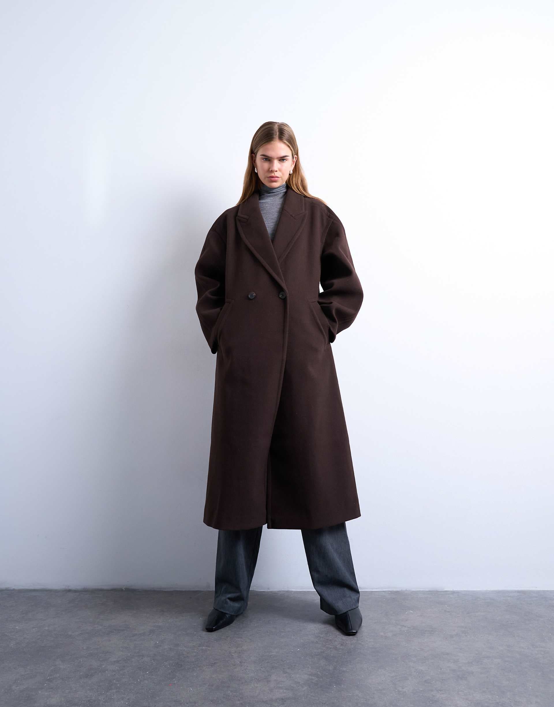 Topshop ovoid sleeve double breasted longline formal coat in chocolate