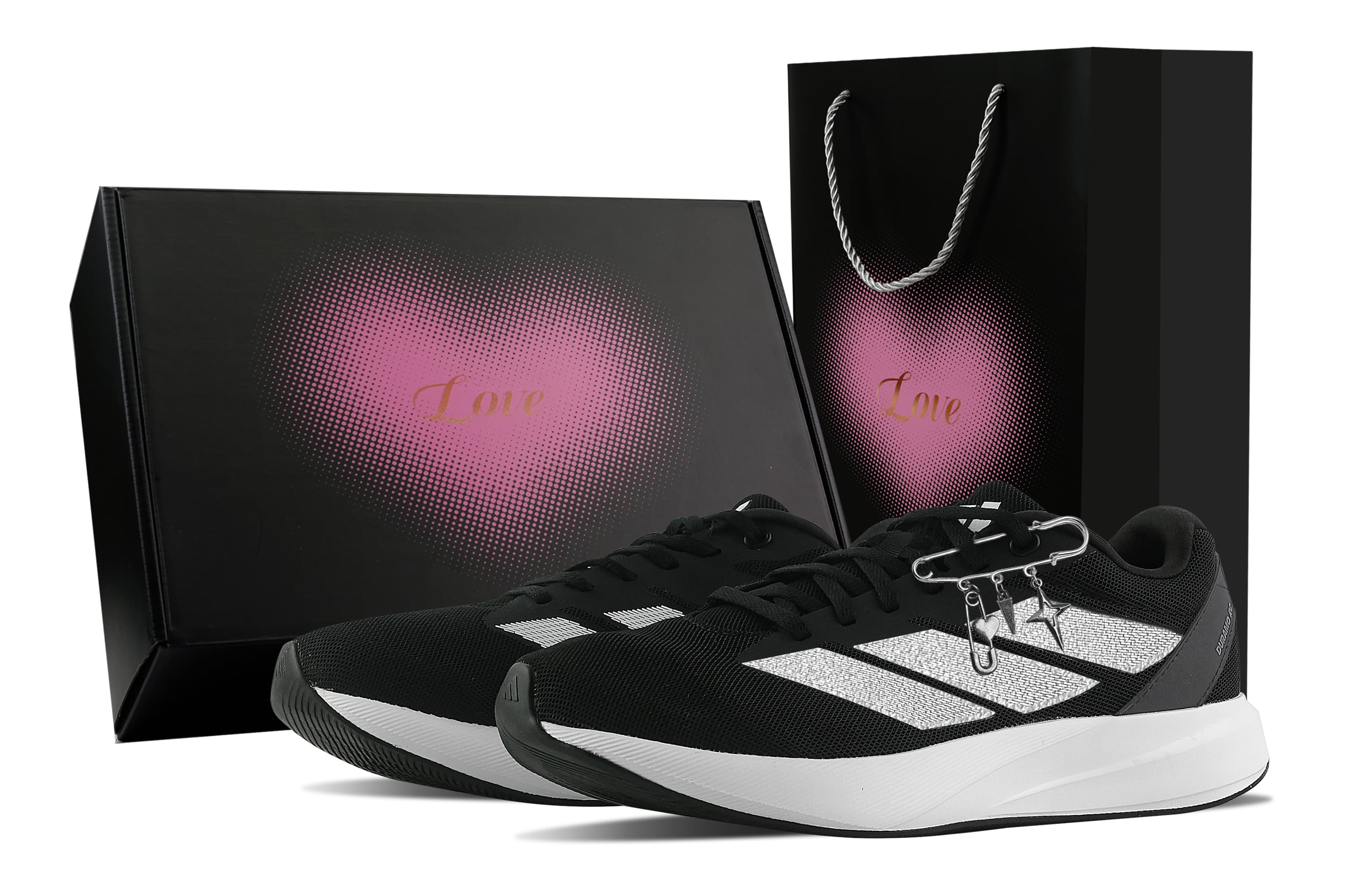 Custom Sneakersadidas Duramo RC 'Silver Fox' Heart Gift Box Simple Elegant Pendant Versatile Mesh Fabric Cushioning Wear-Resistant Low-Top Training Sprint Racing Running Shoes Unisex Silver White Black