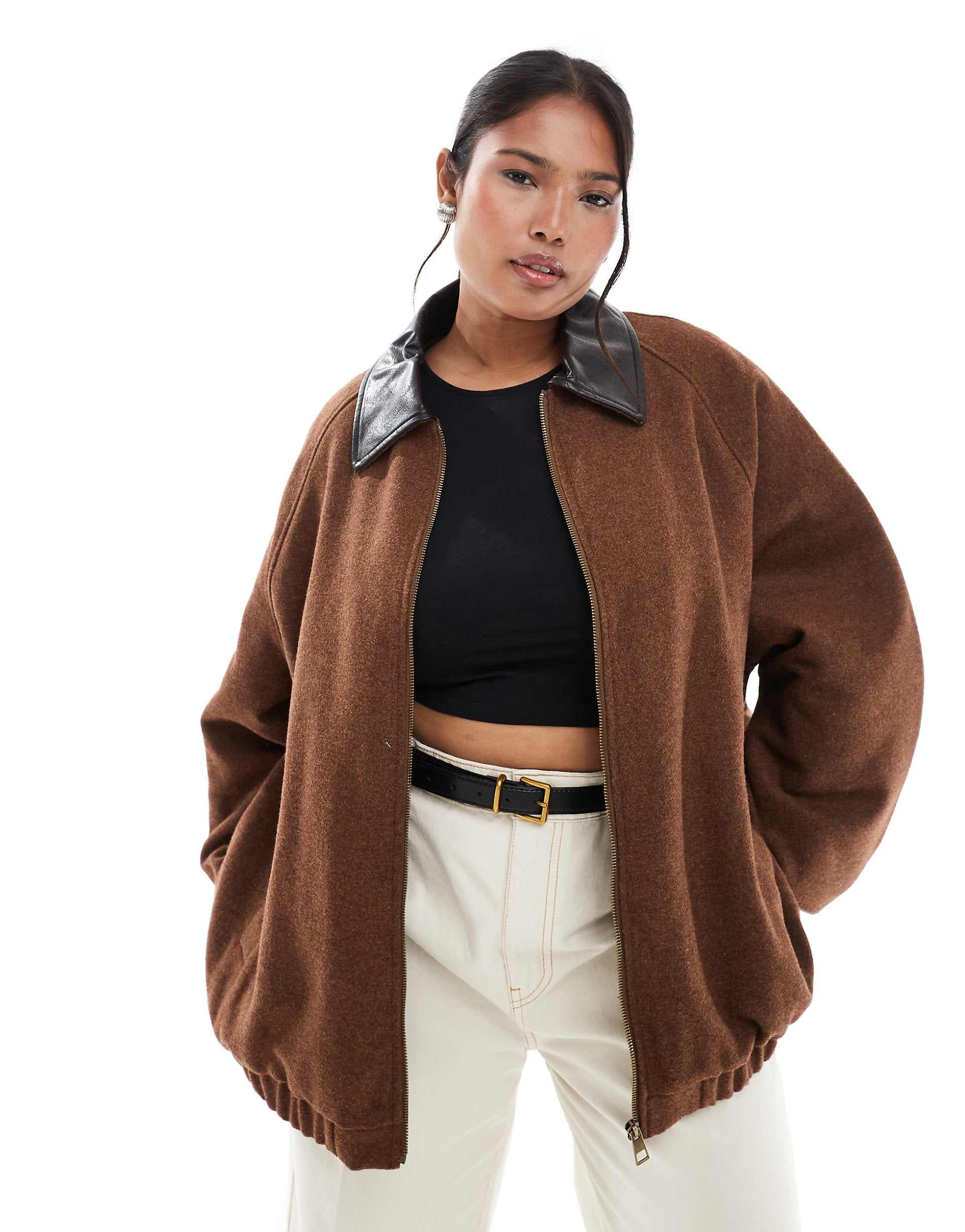 ASOS DESIGN Curve wool blend heritage leather look collar bomber jacket in chocolate