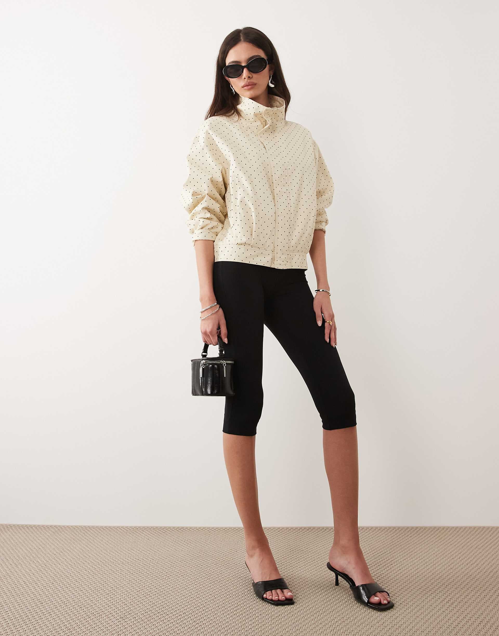 Mango Dots 100% cotton high neck zip up jacket in beige and black polka dots