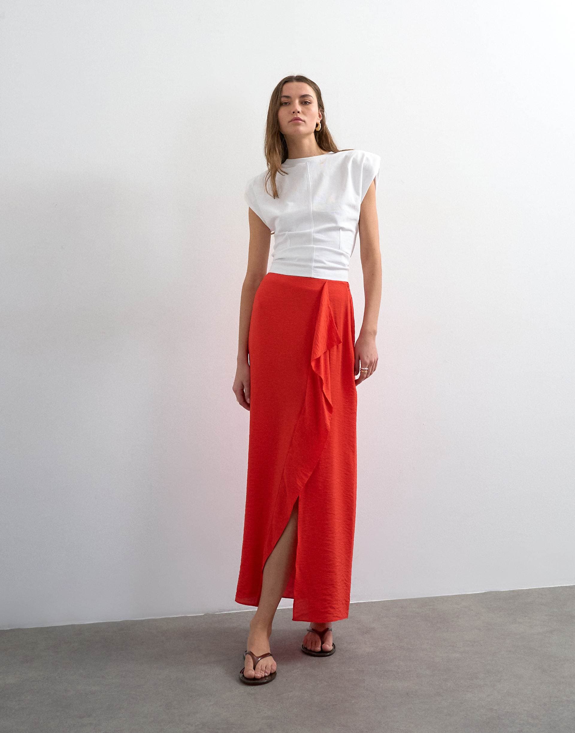 Topshop sarong wrap midi skirt in red