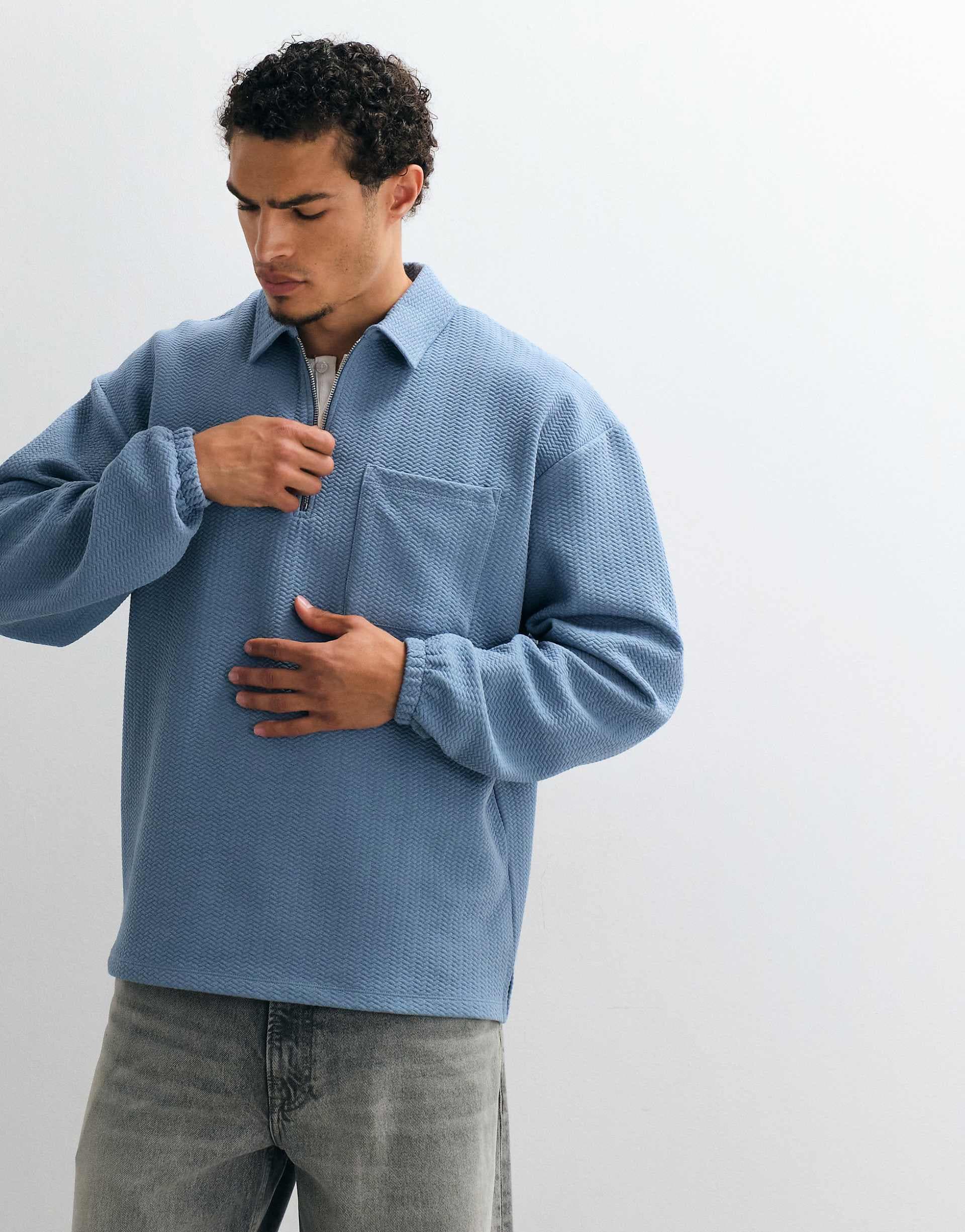 ASOS DESIGN oversized quarter zip polo in blue