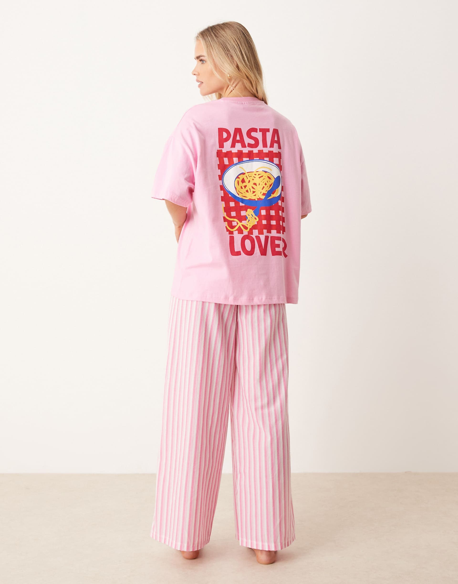 ASOS DESIGN Petite oversized tee and woven wide leg pants pajama set in pink pasta graphic