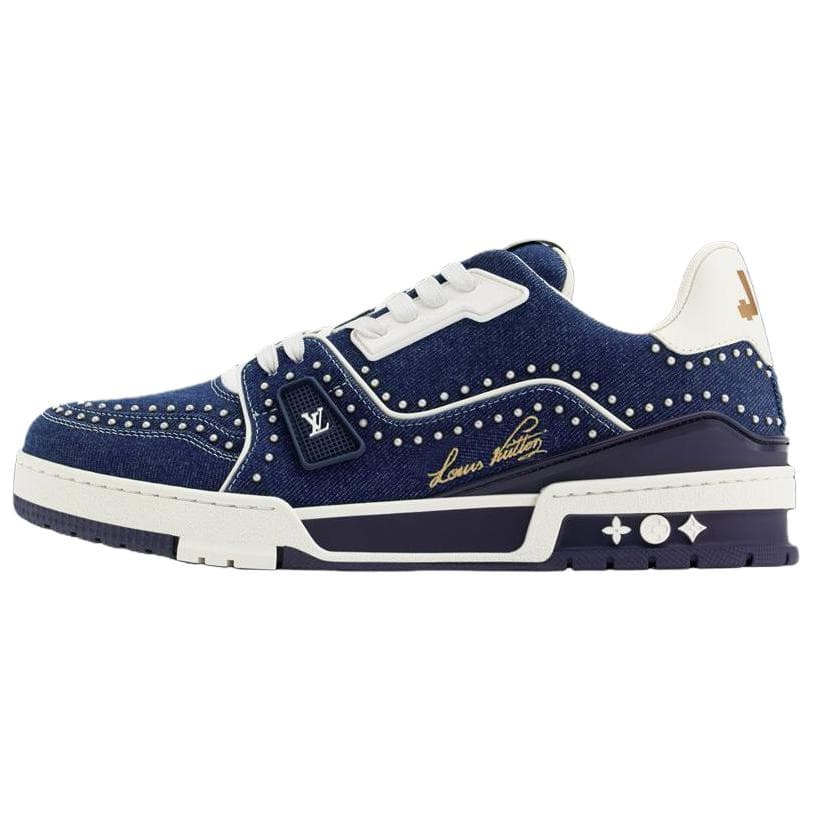 LOUIS VUITTON Trainer Denim Round Toe Flat Lace-Up Low-Top Skate Shoes Men's Blue