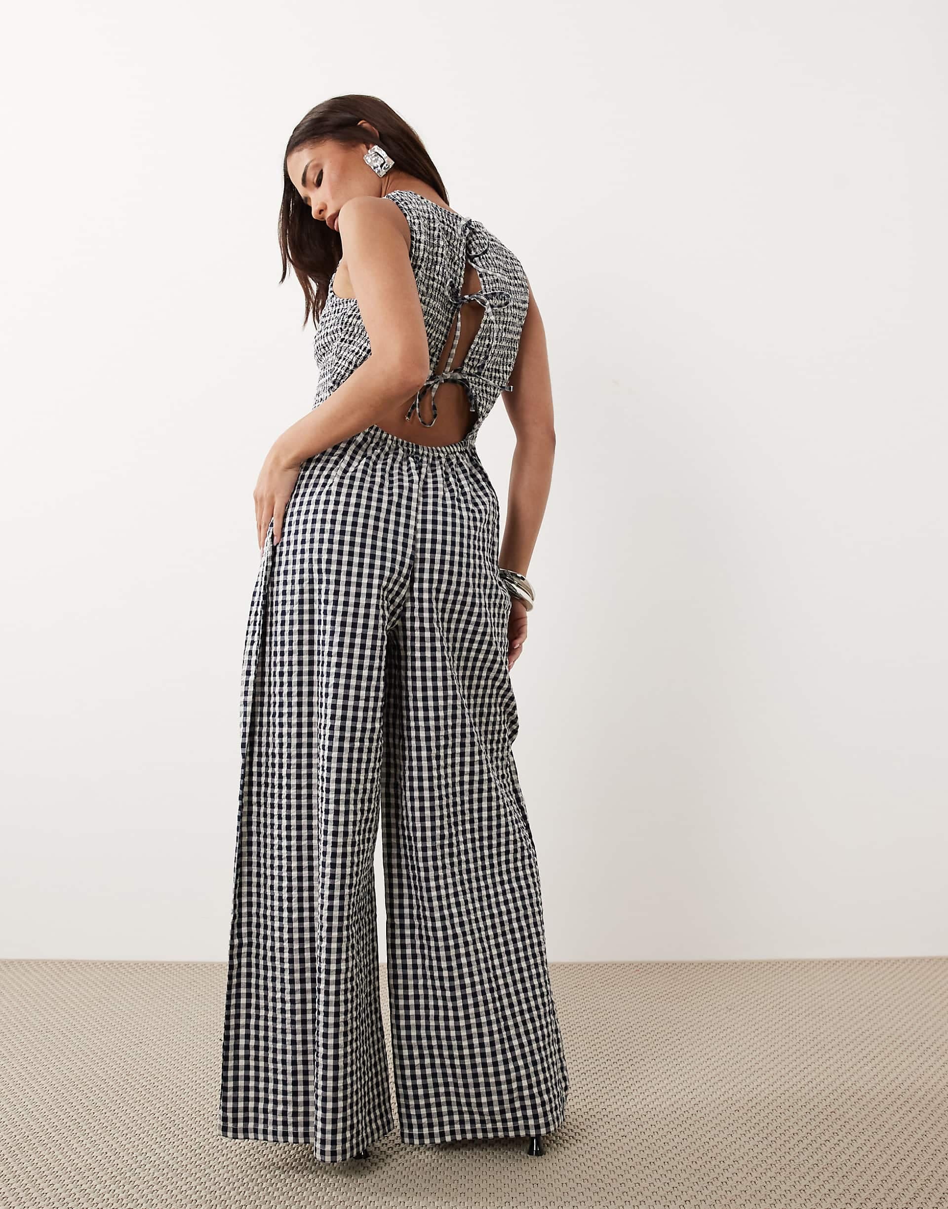 Nobody's Child Petite Ruth cotton shirred bodice open back jumpsuit in black gingham
