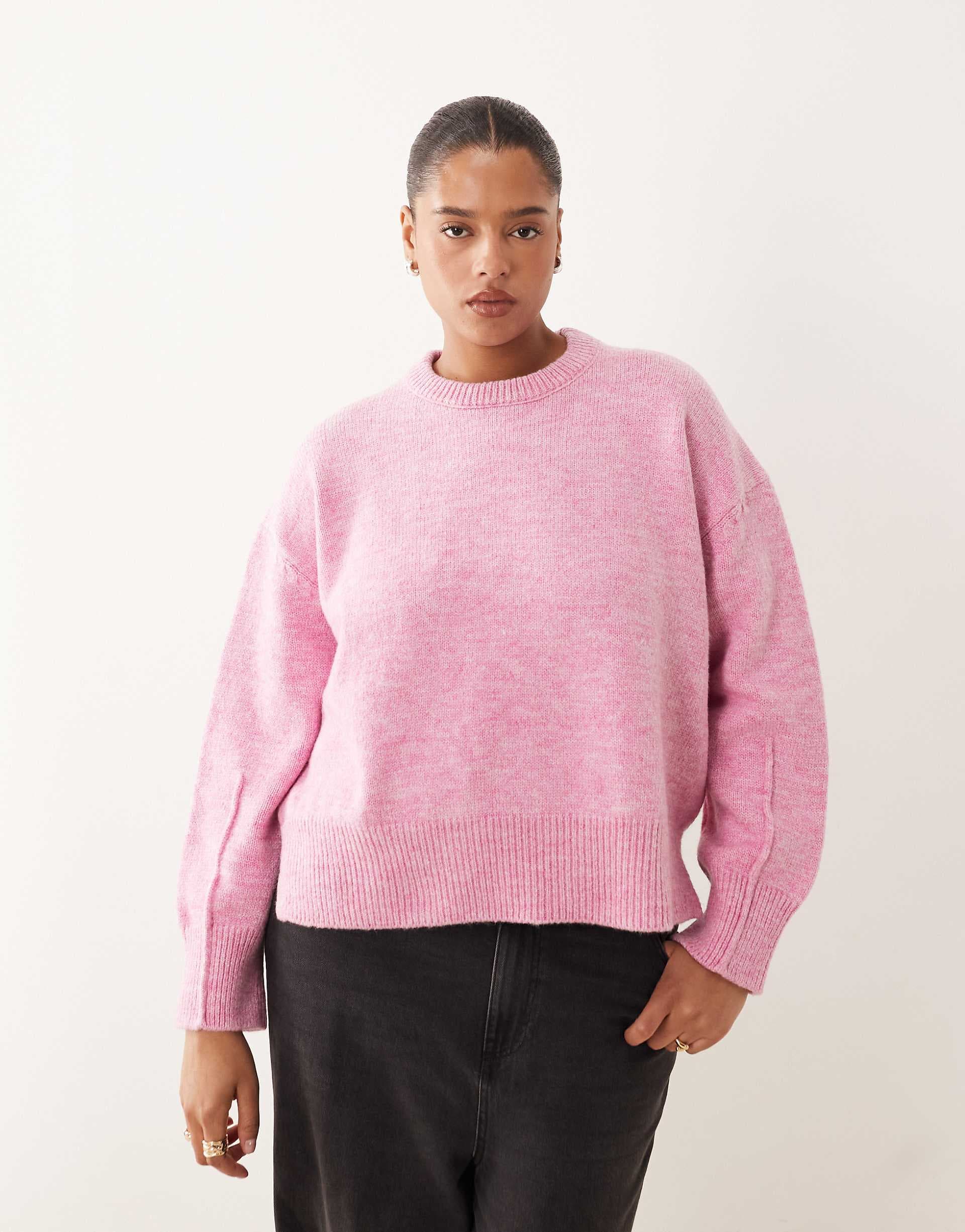 ASOS DESIGN Curve boxy crew neck sweater with side split detail in pink