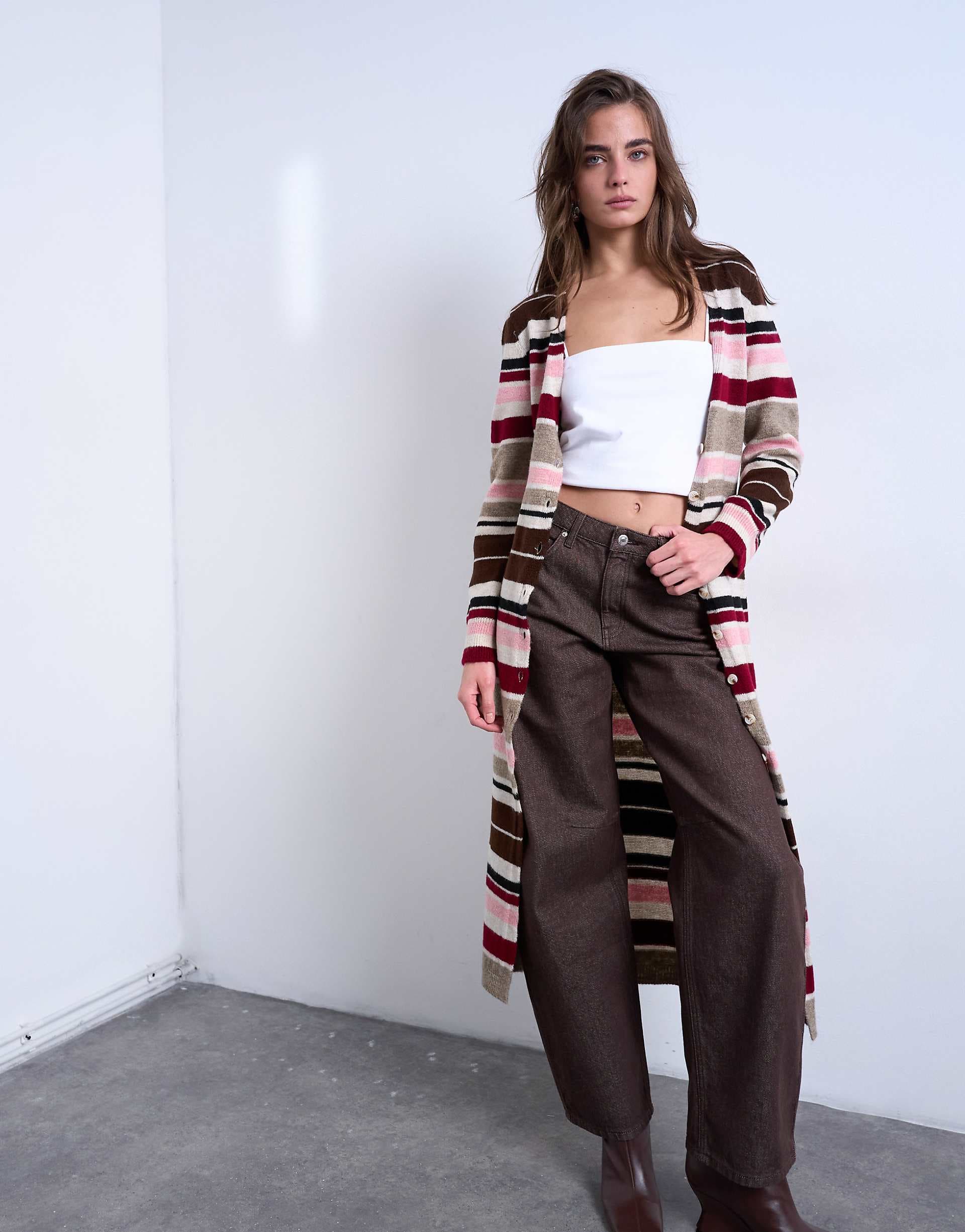 Topshop knit longline striped cardigan in multi