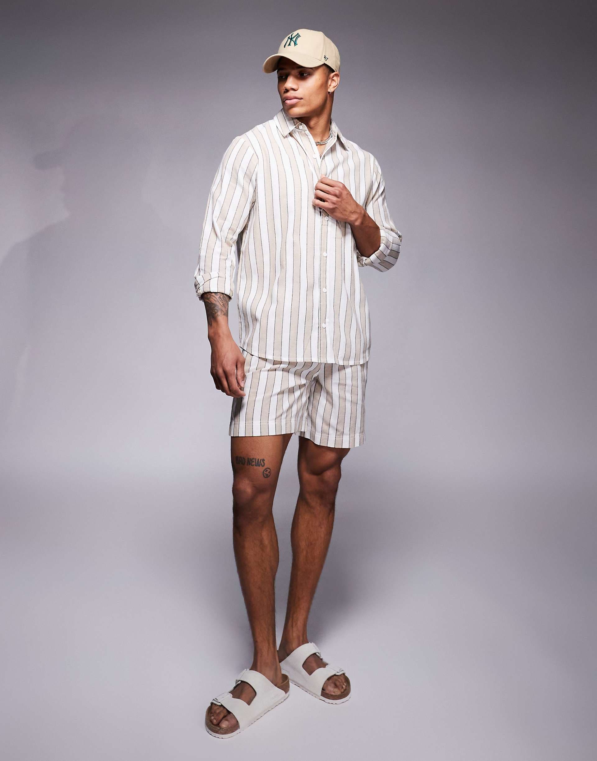 South Beach drawstring beach shorts in beige and white stripe