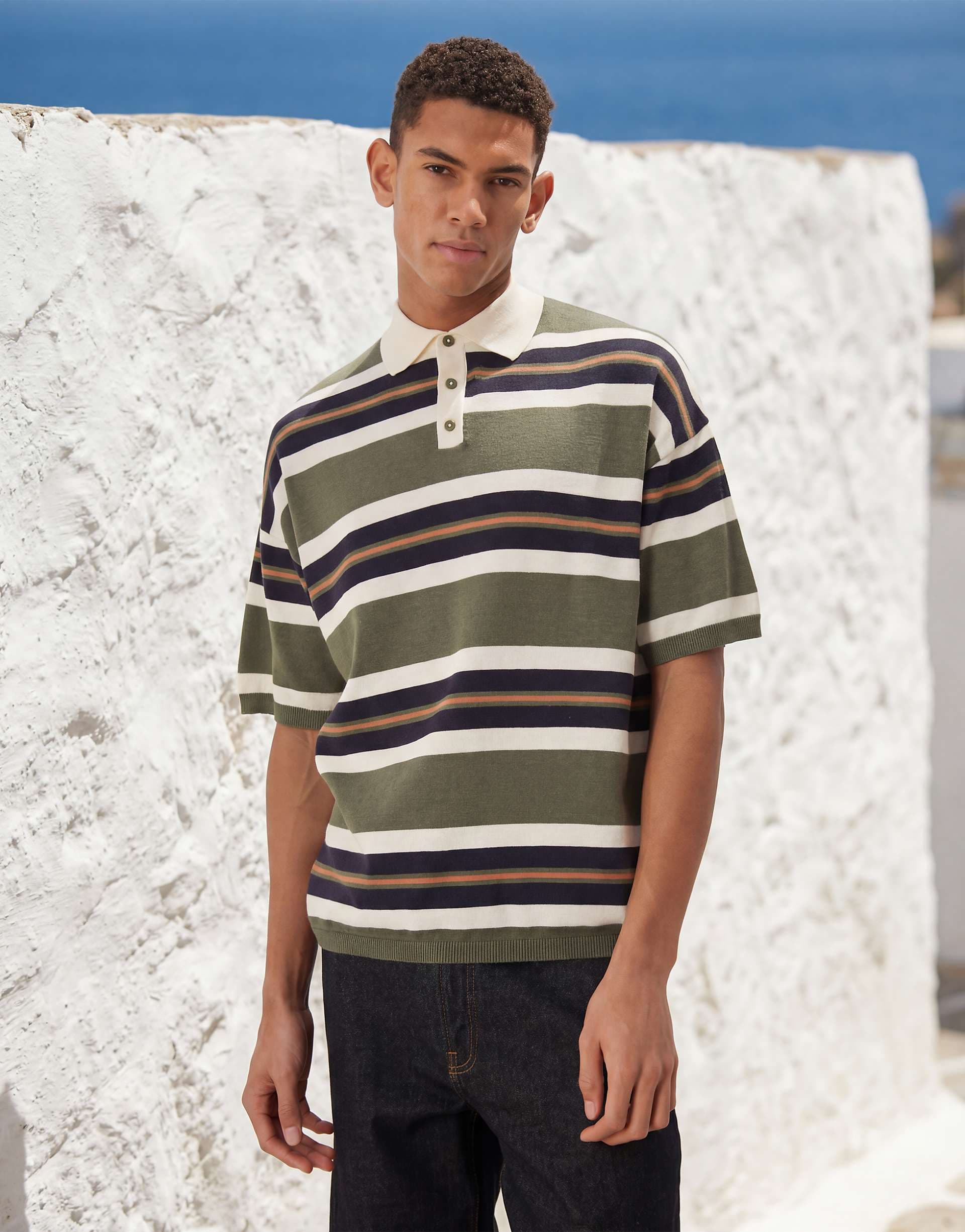 ASOS DESIGN relaxed knit polo shirt in khaki-green and navy stripes